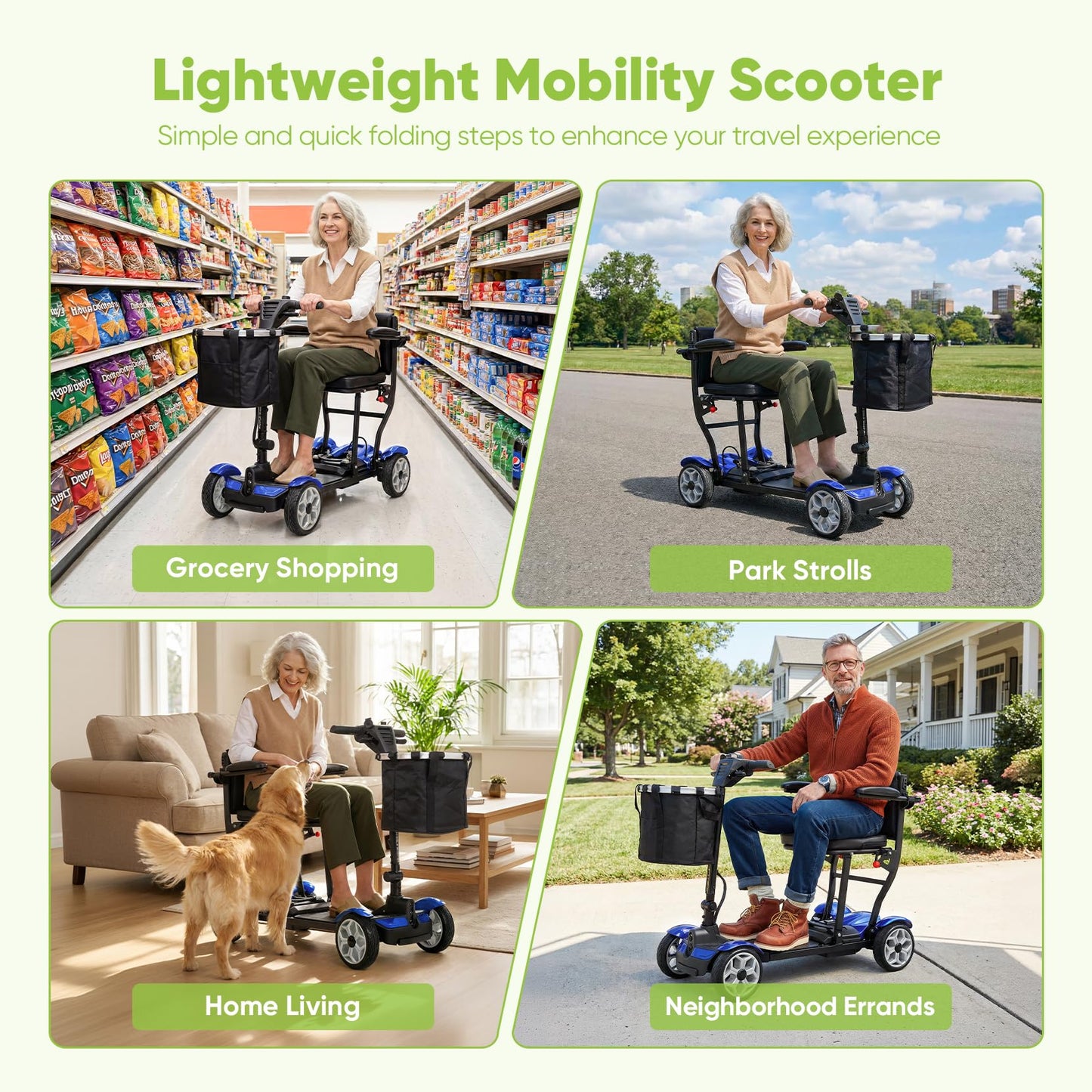 WheelWavi Mobility Scooters for Seniors, Light Weight 25 Miles Trave Foldable 4 Wheeler for Adults, Removable Lithium Battery, Scooter for Adults with 330 lbs Capacity LED Headlights