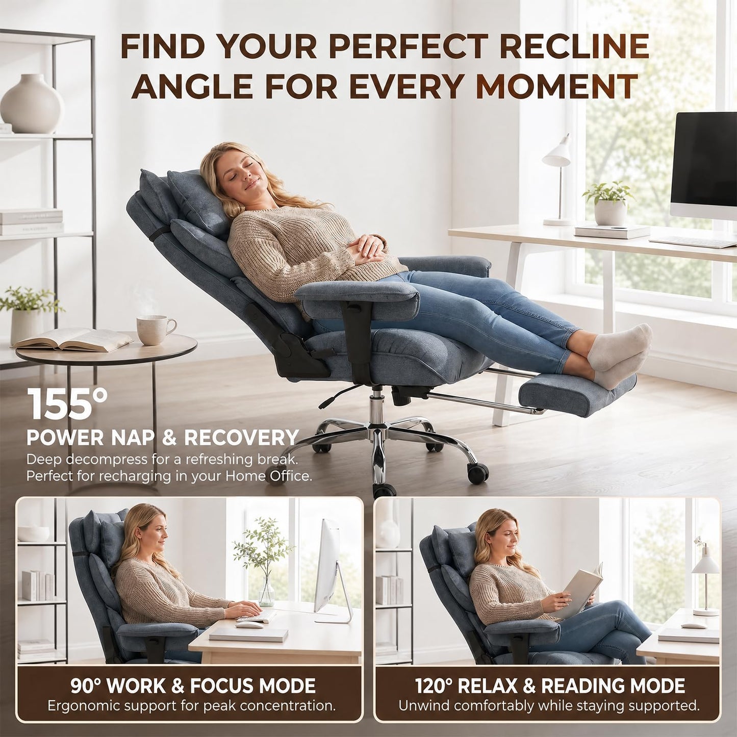 mokodo Ergonomic Office,Fabric Executive Desk Chair with Pocket Spring Cushion, 155° Reclining Computer Chair, Big and Tall Heavy Duty Seat with Adjustable Headrest & Lumbar Support (Dark Blue)