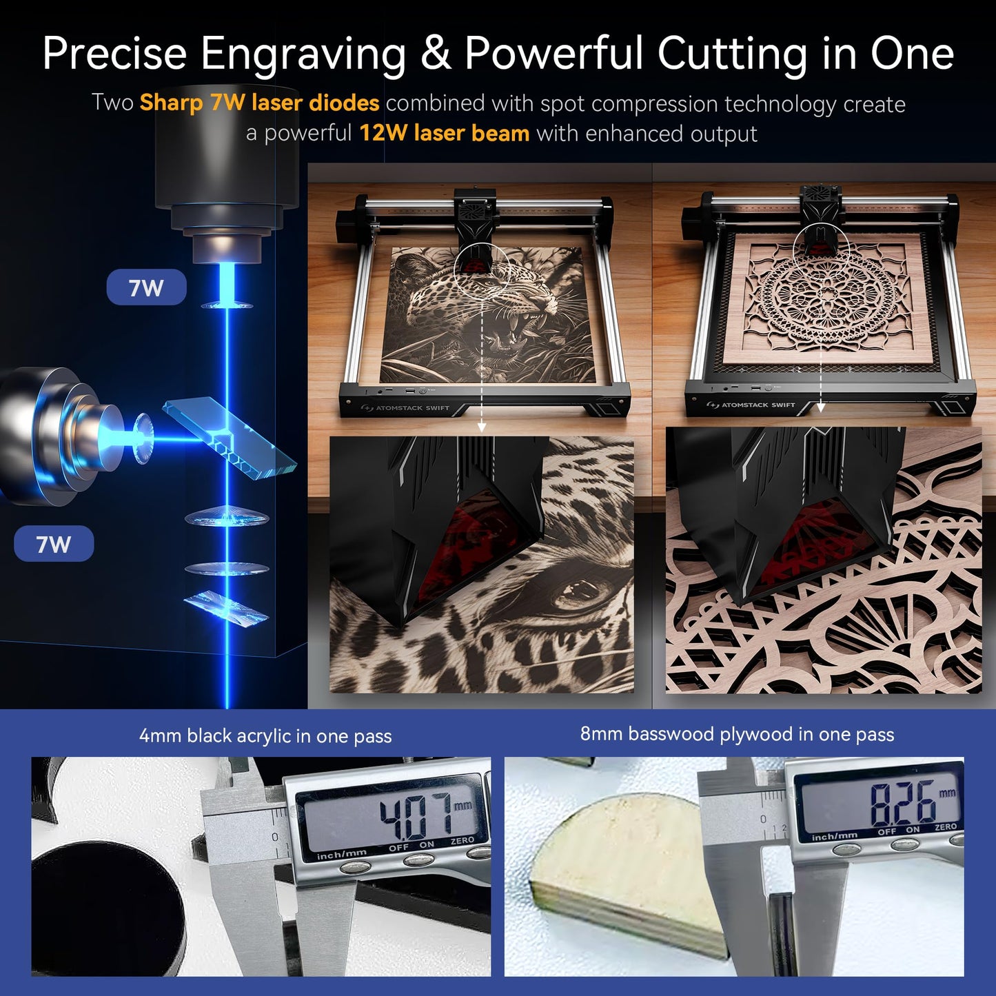 ATOMSTACK Swift 12W Laser Engraver and Cutter, 0.06mm High Accuracy Laser Engraving Machine for Wood and Metal, Dark Acrylic, DIY Laser Cutter with Eye Protection, Support Glass&Leather Engraving