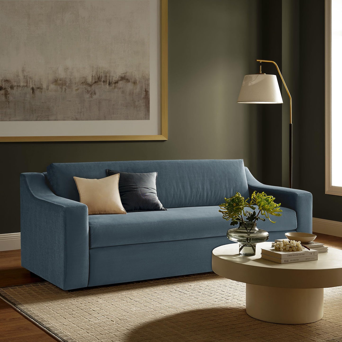 Modway Liora 87 Inch Stain-Resistant Performance Velvet Sofa in Cadet Blue - 3 Seater Upholstered Sofa Couch for Living Room Seating - Comfy Deep Seat Sofa with Scoop Arms