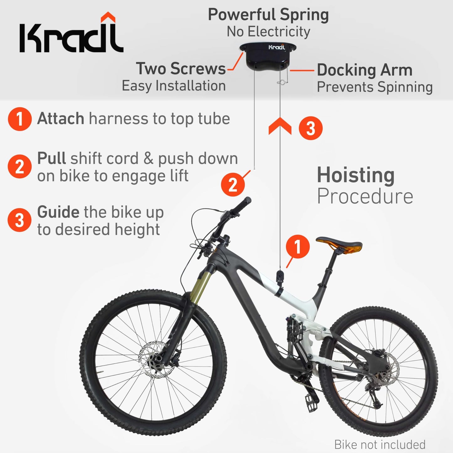 Kradl - Ceiling Mount Bike Lift and Rack. Bicycle Storage Hoist Without Electricity, Clumsy Ropes or Pulleys. 25 Pound Capacity.
