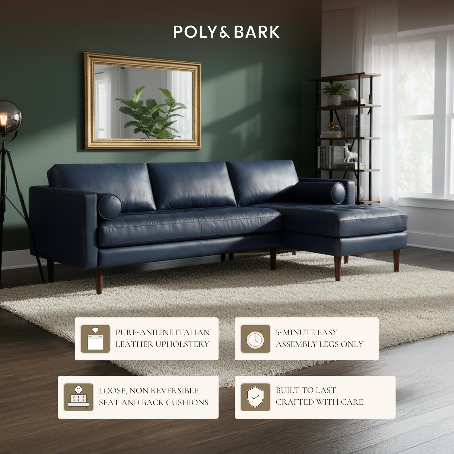 Poly & BARK Napa Right-Facing Sectional Sofa – 104.5” Italian Leather Sectional with Chaise – Midnight Blue – Full-Grain Pure-Aniline & Semi-Aniline Upholstery