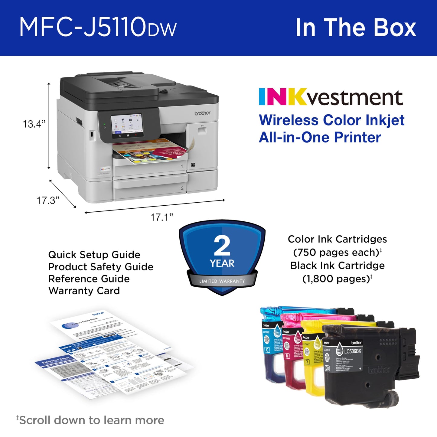 Brother INKvestment 5110 Wireless Color Inkjet All-in-One Printer with a 500-sheet Paper Tray Capacity and a 4.3” Color Touchscreen (MCF-J5110DW)