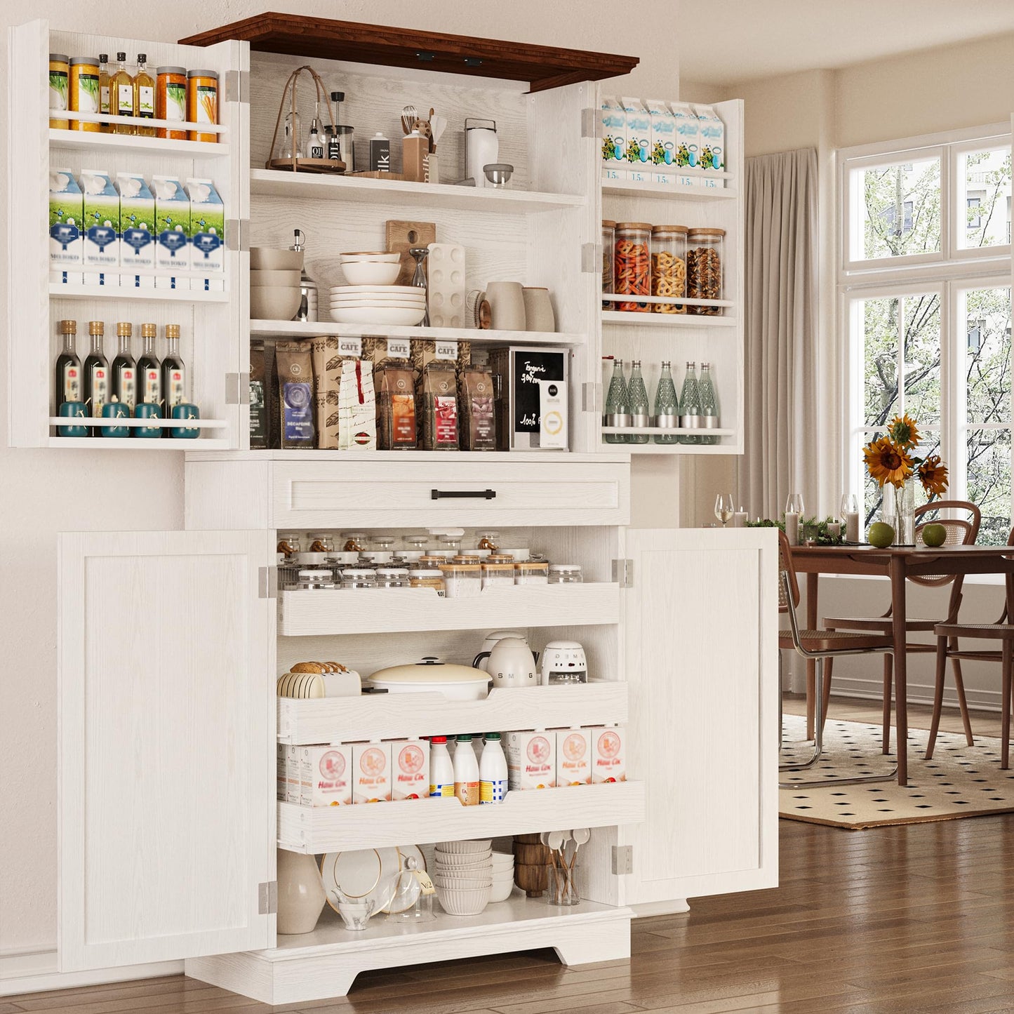IRONCK Farmhouse Pantry Cabinet, 72" Tall Kitchen Storage Cabinet, Freestanding Cupboard with Sliding Rack & 6 Hanging Shelves,Kitchen Pantry Furniture for Dining Room, Easy Assembly, White
