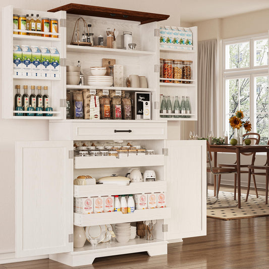 IRONCK Farmhouse Pantry Cabinet, 72" Tall Kitchen Storage Cabinet, Freestanding Cupboard with Sliding Rack & 6 Hanging Shelves,Kitchen Pantry Furniture for Dining Room, Easy Assembly, White