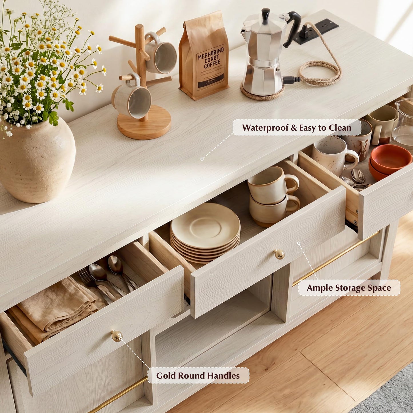 AMBERHAUS Buffet Cabinet with Storage, Modern Sideboard Cabinet with 3 Drawers, 2 Sliding Doors & Pull-Out Shelf, Coffee Bar Cabinet with Charging Station, White