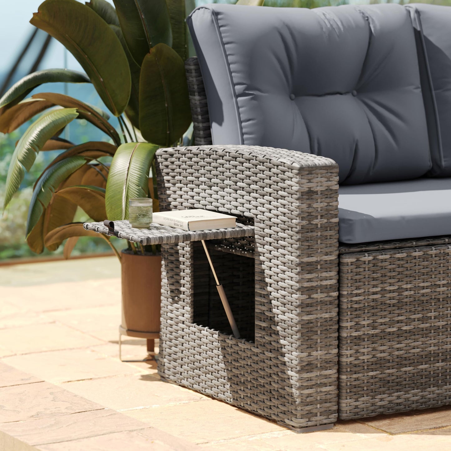 Flash Furniture Huck Wicker Rattan Conversation Set, Versatile Indoor/Outdoor Use, L-Shaped Sofa and Dining Table, Weather-Resistant Cushions, Gray