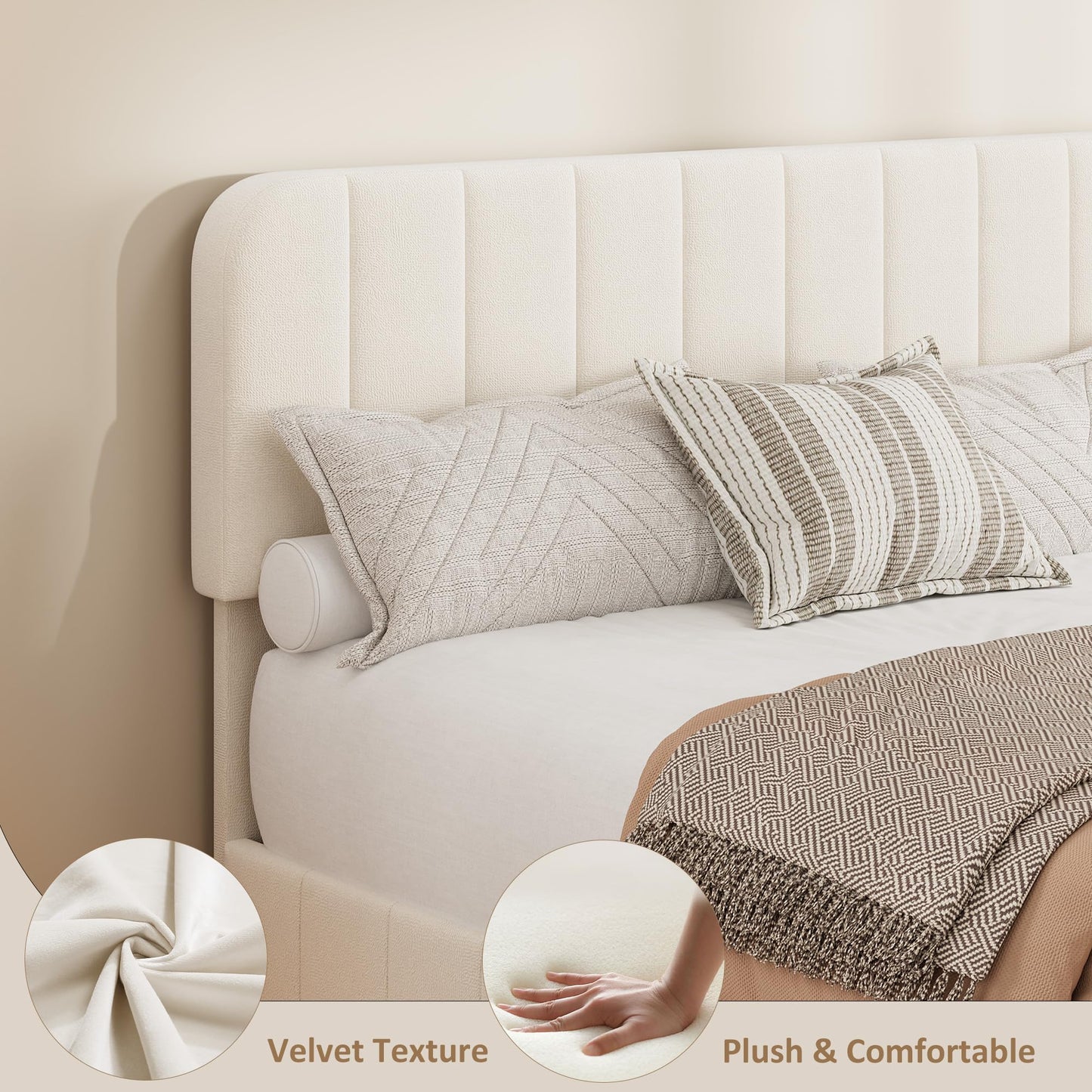 Garvee Queen Size Velvet Bed Frame with 4 Storage Drawers, Upholstered Platform Bed with Vertical Channel Tufted Adjustable Headboard, No Box Spring Needed, Easy Assembly, Beige