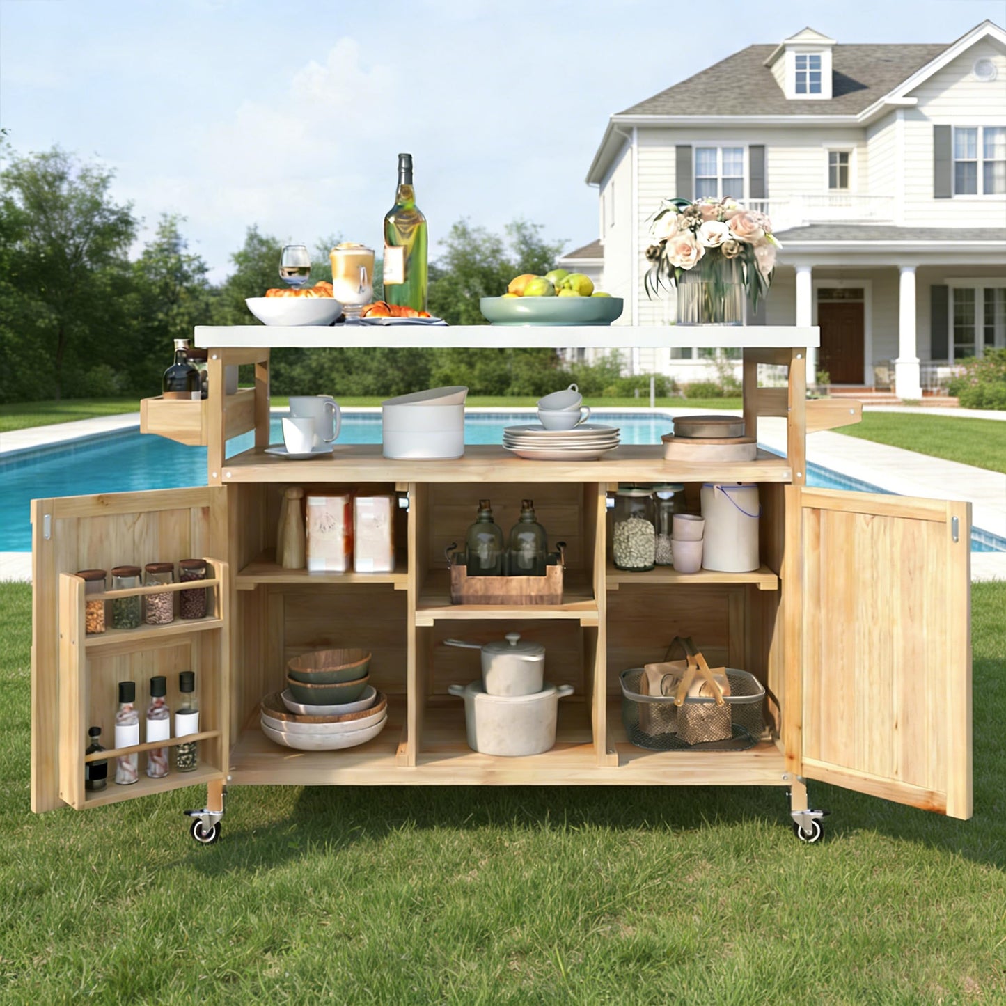 Bellemave Outdoor Kitchen Island with Stainless Steel Top, Rolling Bar Cart & Storage Cabinet, Outdoor Grill Cart with Spice & Towel Rack, Rolling Island Table for Kitchen & BBQ, Natural