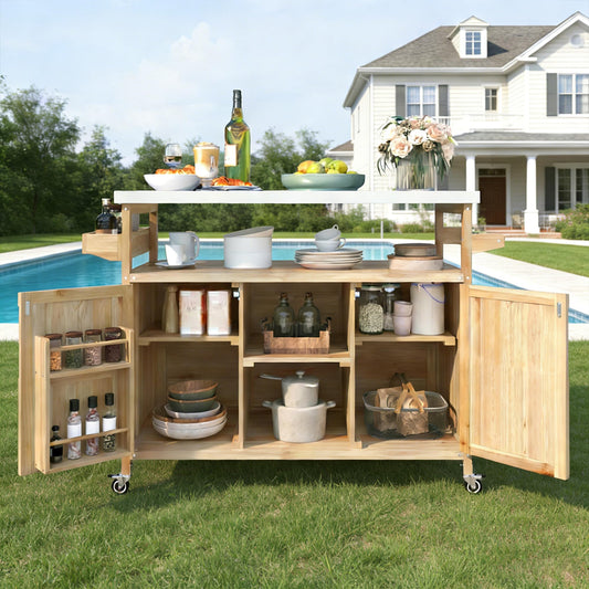 Bellemave Outdoor Kitchen Island with Stainless Steel Top, Rolling Bar Cart & Storage Cabinet, Outdoor Grill Cart with Spice & Towel Rack, Rolling Island Table for Kitchen & BBQ, Natural
