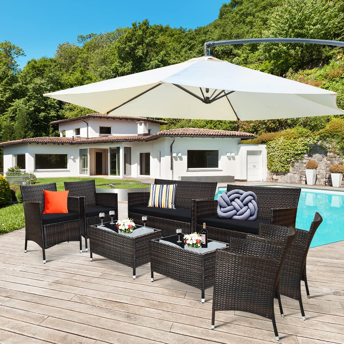 COSTWAY 8PCS Rattan Patio Furniture Set, Outdoor Wicker Rattan Chairs with Coffee Table, Rattan Cushioned Conversation Set for Backyard Balcony Porch Poolside, Black