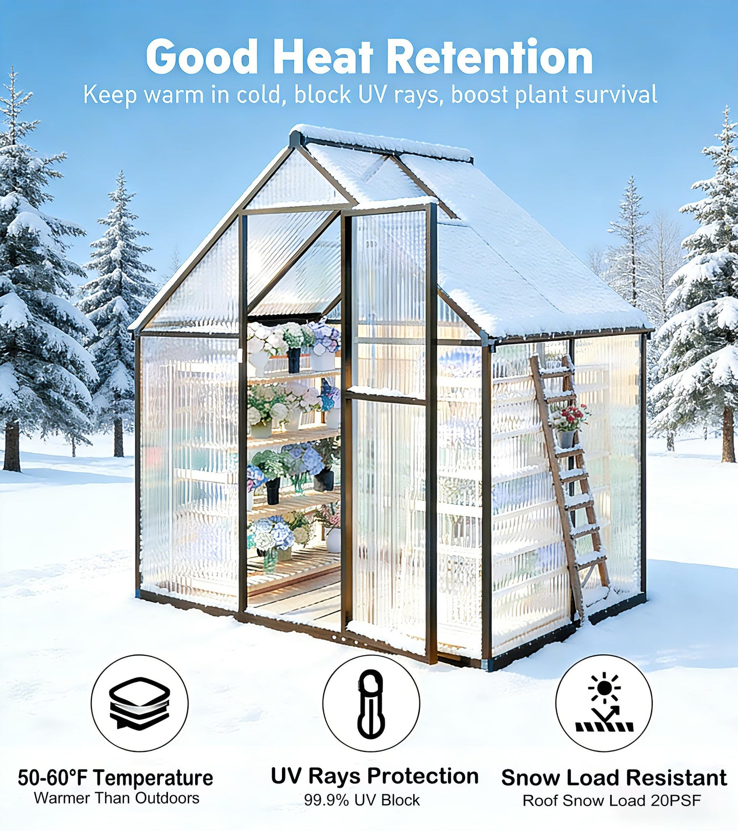 6x4FT Greenhouse for Outdoors, Polycarbonate Greenhouse with Quick Setup Structure and Roof Vent, Aluminum Large Walk-in Green House for Outside Garden Backyard, Dark Gray