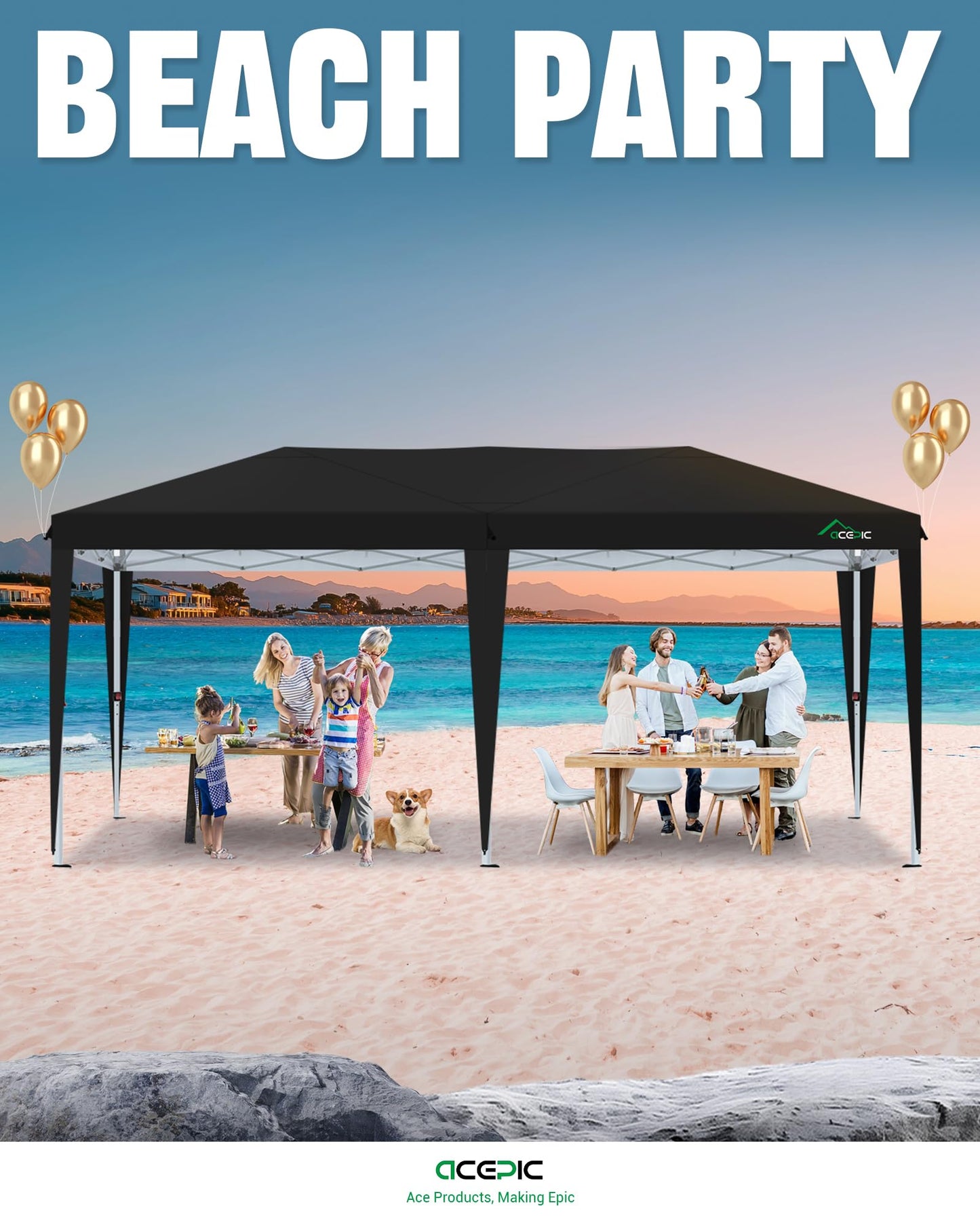 Acepic 10x20 Pop Up Canopy Tent with 6 Removable Sidewalls, Easy Set-up 2 Central Lock Outdoor Party Tent, Commercial Canopy, Stakes x8, Ropes x4, Sandbags x4, Hand Bag x1(Black, 10 * 20)