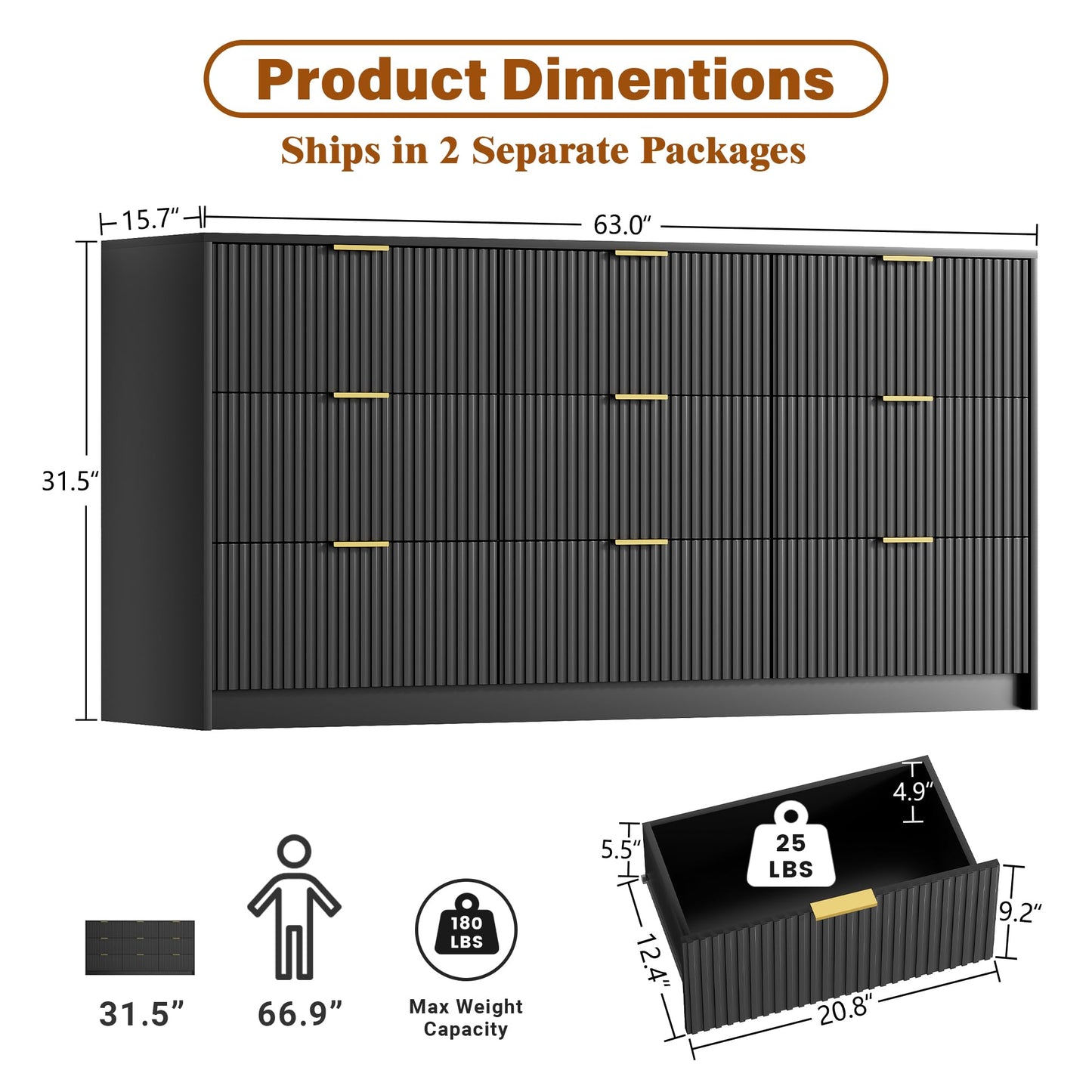 Furniway Black Dresser for Bedroom, Modern Dresser with 9 Drawers and Smooth Slides, Wide Chest of Drawers with Golden Handles for Bedroom, Living Room, Closet, 15.7" D x 63" W x 31.5" H