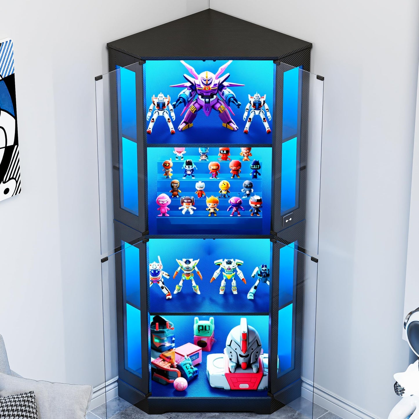 IRONCK 71" Carbon Fiber Corner Glass Display Cabinet, RGB LED Lights with Remote & APP Control, Human Body Sensor, 4-Tier Tempered Glass Display Case with 2 Adjustable Shelves for Collectibles, Black