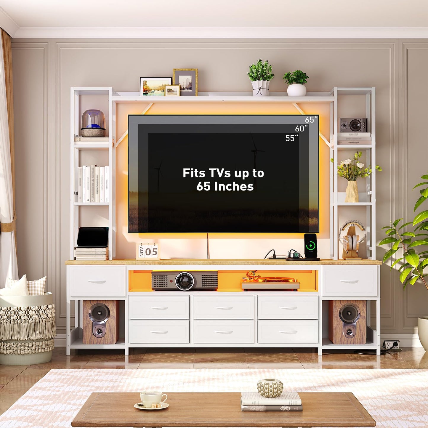RALGEND Large Entertainment Center for Living Room, Wall Unit TV Stand with Bookshelves for TVs up to 65", Media Cabinet with Storage Drawers, LED TV Console with Power Outlets, White and Natural