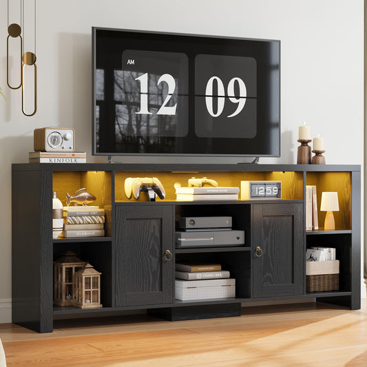 LIKIMIO TV Stand for TVs 80 inch with LED Lights & Power Outlet, Entertainment Center with Cabinets, Adjustable Shelves and Open Shelves, Modern Media TV Console Living Room, Black