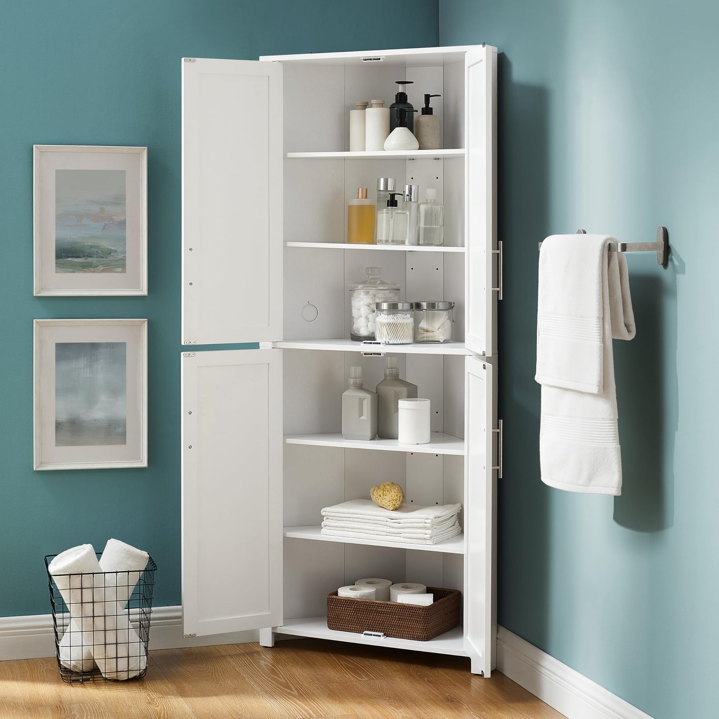 Crosley Furniture Savannah Traditional Corner Pantry Storage Cabinet with Shelves, Kitchen, Dining, Laundry, White