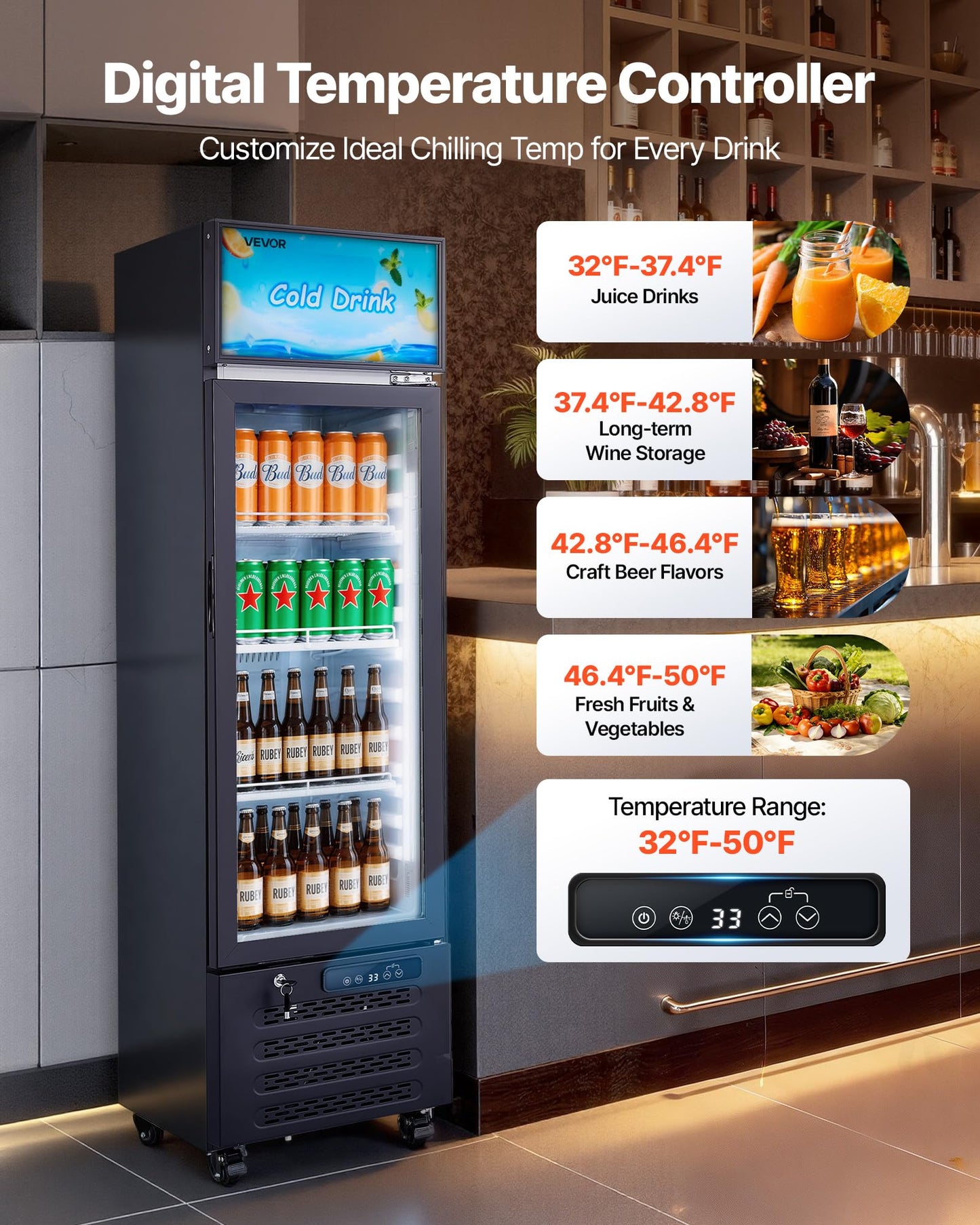VEVOR Commercial Merchandiser Refrigerator, 6.1 Cu.Ft / 173 L Glass Door Display Refrigerator, Upright Beverage Cooler with Customizable Lightbox, 3 Adjustable Shelves & Soft LED Light for Homes Shops