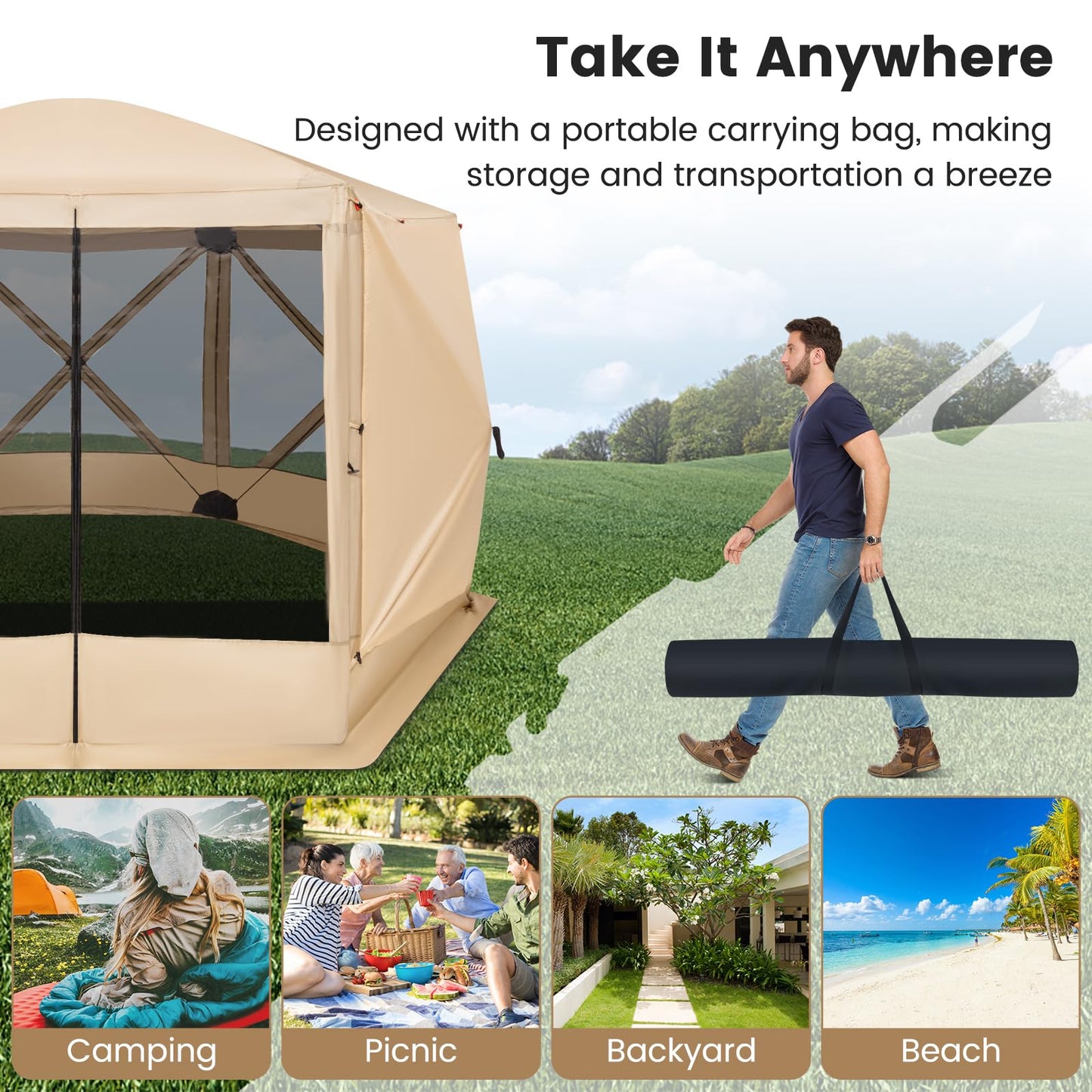 Tangkula 11.5x11.5 Ft Pop Up Gazebo with Netting, Portable Screen Tent with 6 Sided Mesh Walls, 2 Sunshade Cloths, Outdoor Instant Canopy Shelter with Carry Bag for Camping, Lawn, Backyard