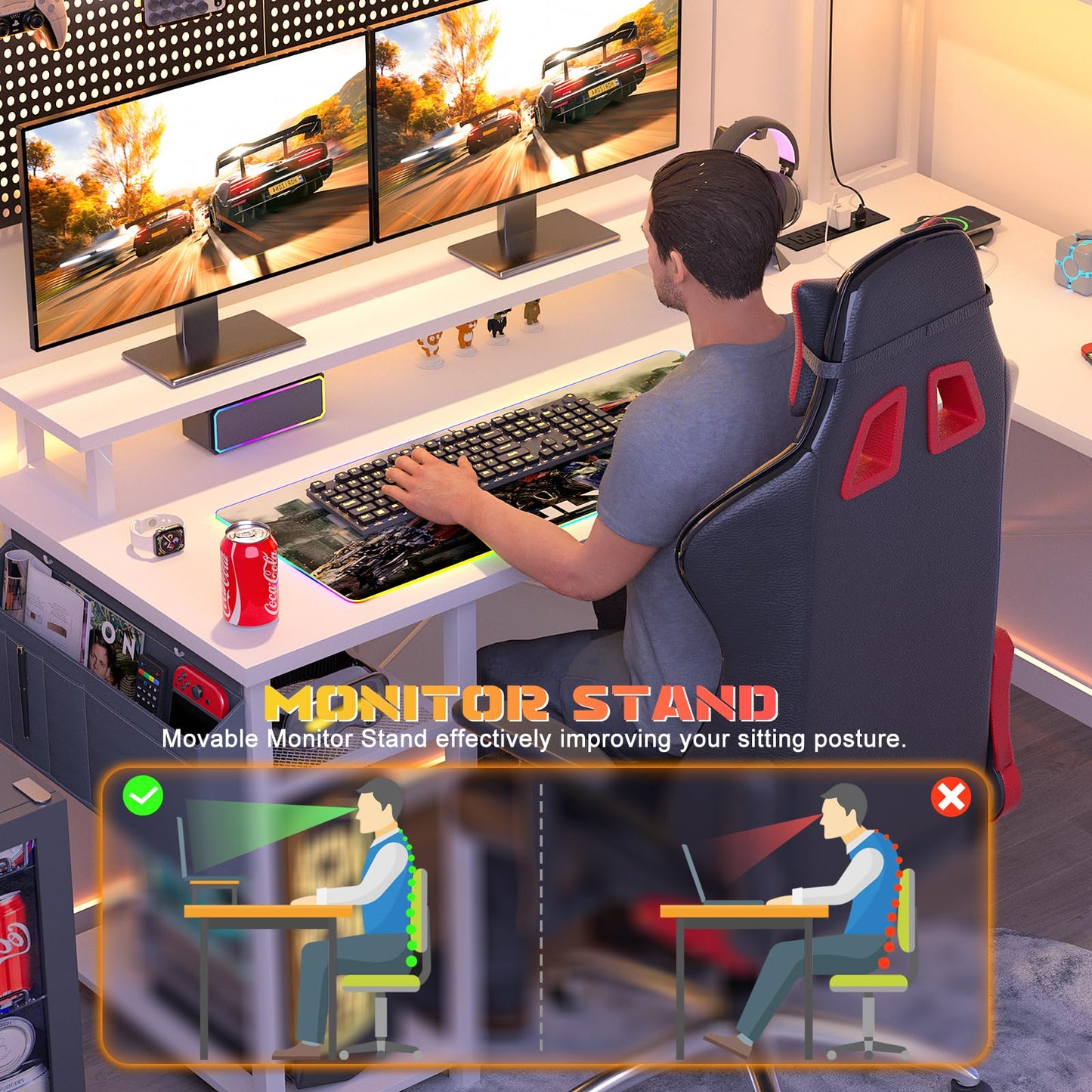 Aheaplus Small L Shaped Desk with Charging Port & LED Strip, Reversible L-Shaped Gaming Desk Computer Desk with Monitor Stand & Storage Shelf, Corner Desks Home Office Desk with Storage Bag, White