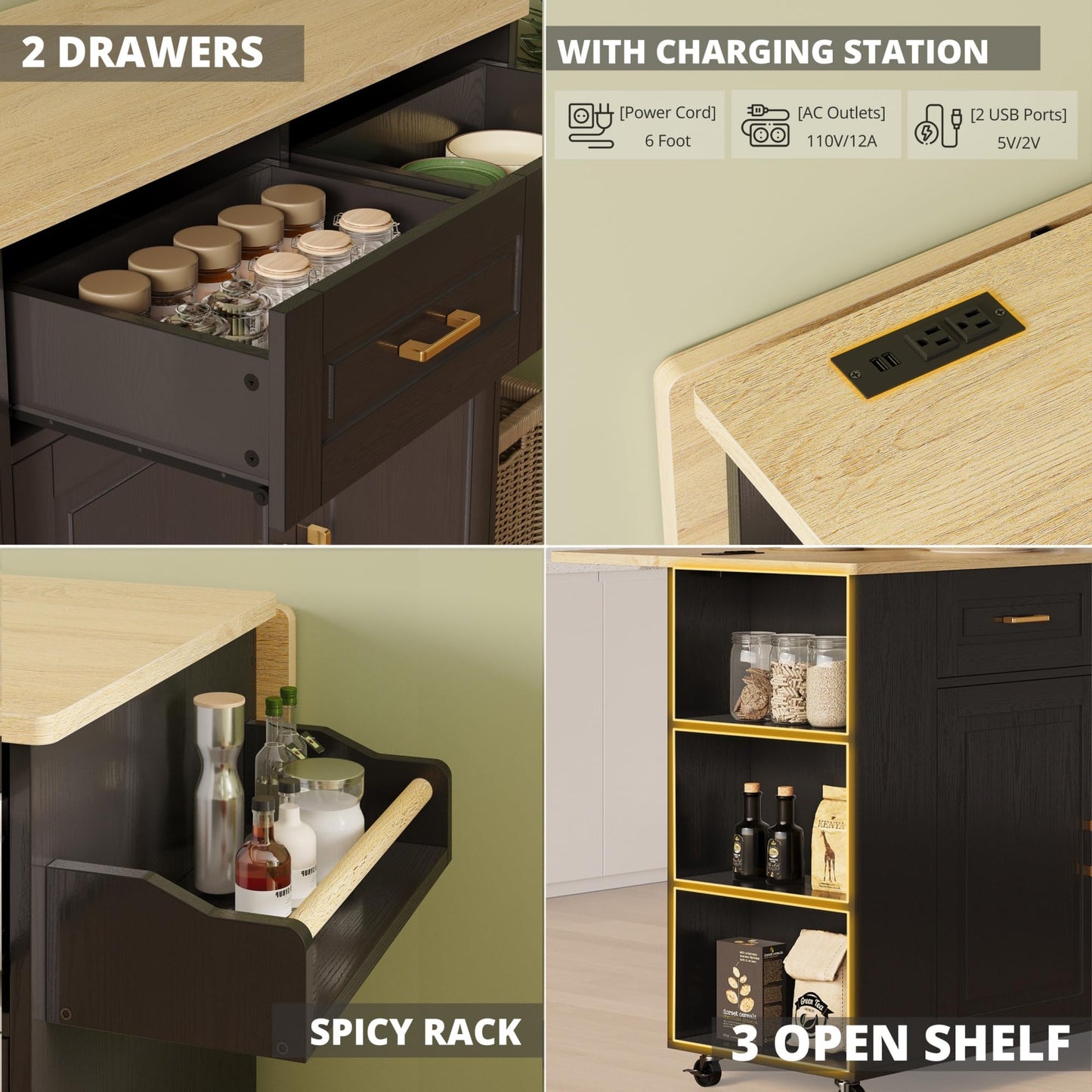 IRONCK Kitchen Island with Power Outlet & Drop Leaf, 47.2" Width Rolling Kitchen Island on Wheels with Storage, Mobile Kitchen Island Cart with Spice Rack, Open Shelves and Drawer, Black