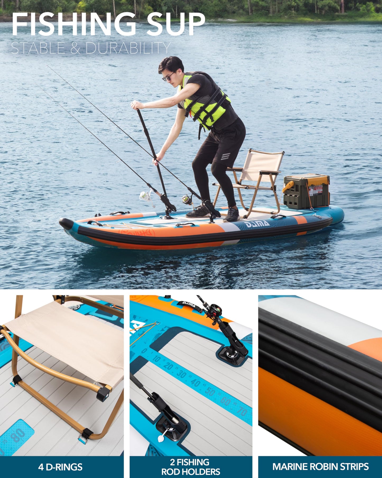DAMA Triple Chamber Inflatable Stand Up Paddle Board 10'8"*47", Extra Wide Paddle Boards for Adults, Fishing Paddle Board SUP with 3 Removable Fins, 2 Fishing Rod Holders, Kayak Paddle