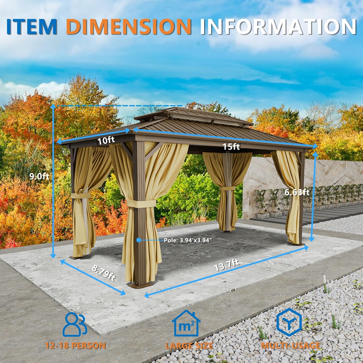 HOTEEL 10x15 Hardtop Gazebo On Clearance with Heavy Duty Galvanized Steel Metal Roof, Patio Hard Top Gazebo with Curtains & Netting,Outdoor Permanent Hot tub Gazebo Pavillon for Backyard,Deck,Brown