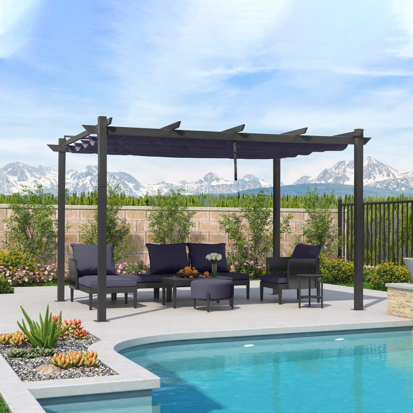 PURPLE LEAF 10' x 13' Aluminum Outdoor Pergola Wind-Resistant Retractable Pergola with Double Sun Shade Canopy Heavy-Duty Metal Pergola for Patios Backyard Deck Garden, Navy Blue