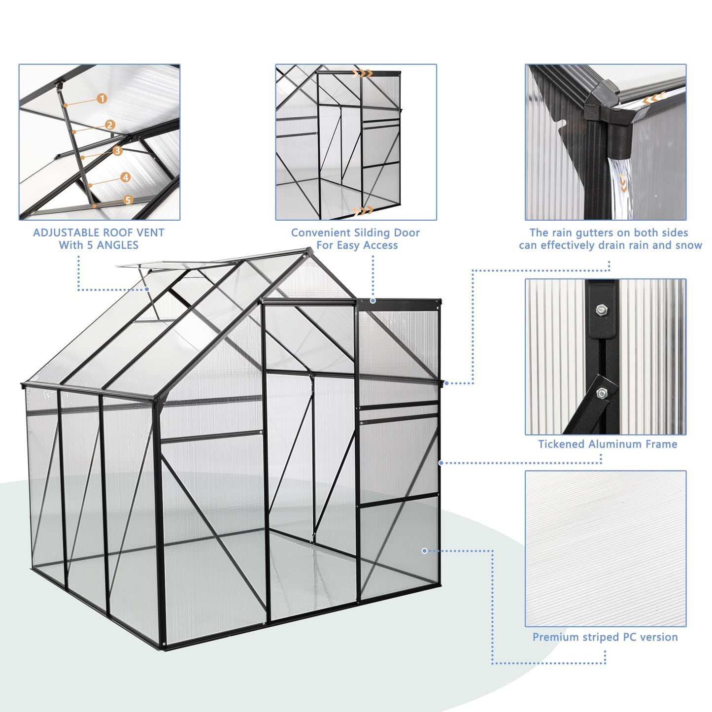 KEIKI 6x6 FT Polycarbonate Greenhouse with Aluminum Frame,Raised Base and Roof Vent,Walk-in Greenhouses for Patio Garden
