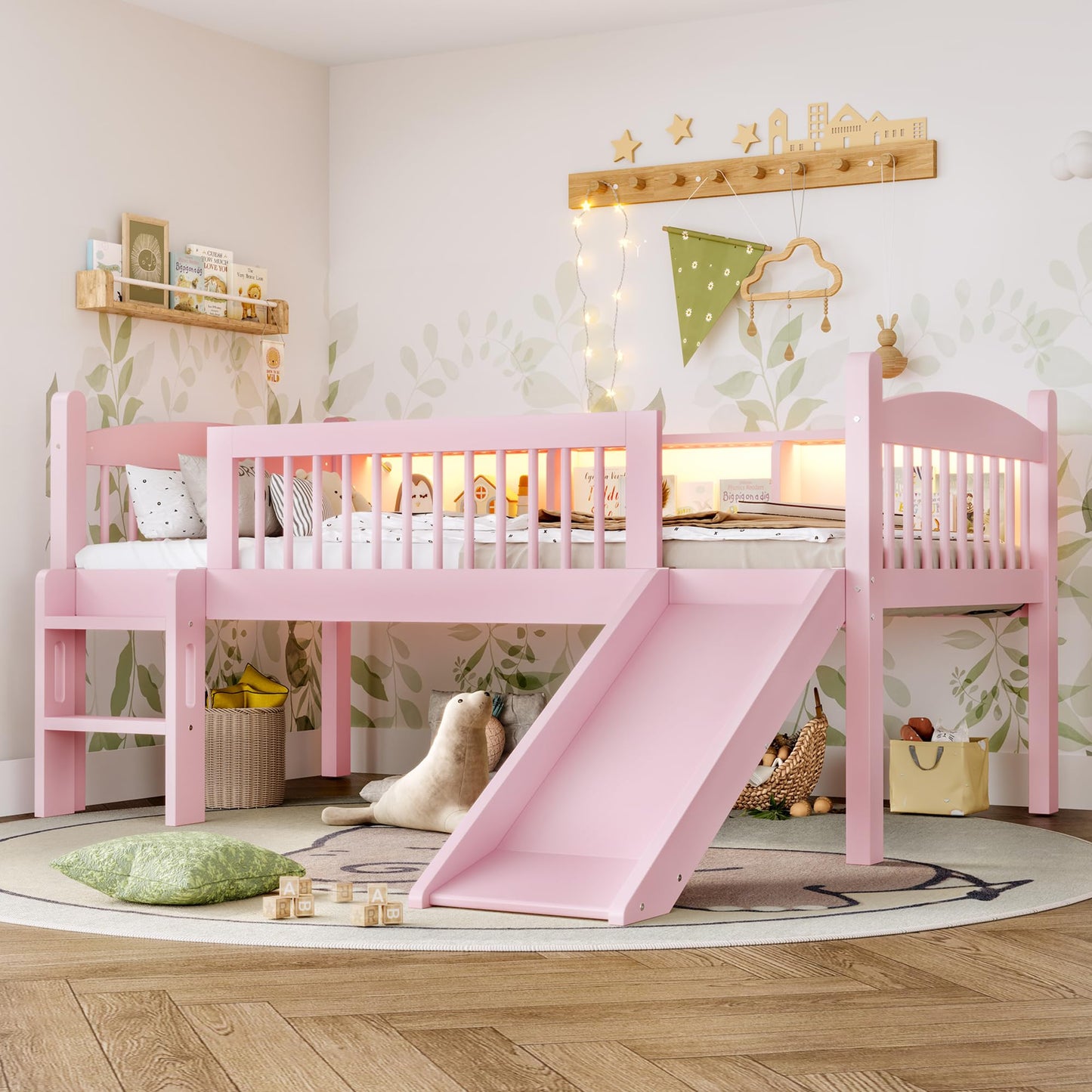 Bellemave Twin XL Loft Bed with Slide and Ladders, Solid Wood Low Loft Bed with Storage Shelves and LED Lights, Loftbed Frame for Kids, Boys, Girls, Childlike and No Box Spring Needed Design, Pink