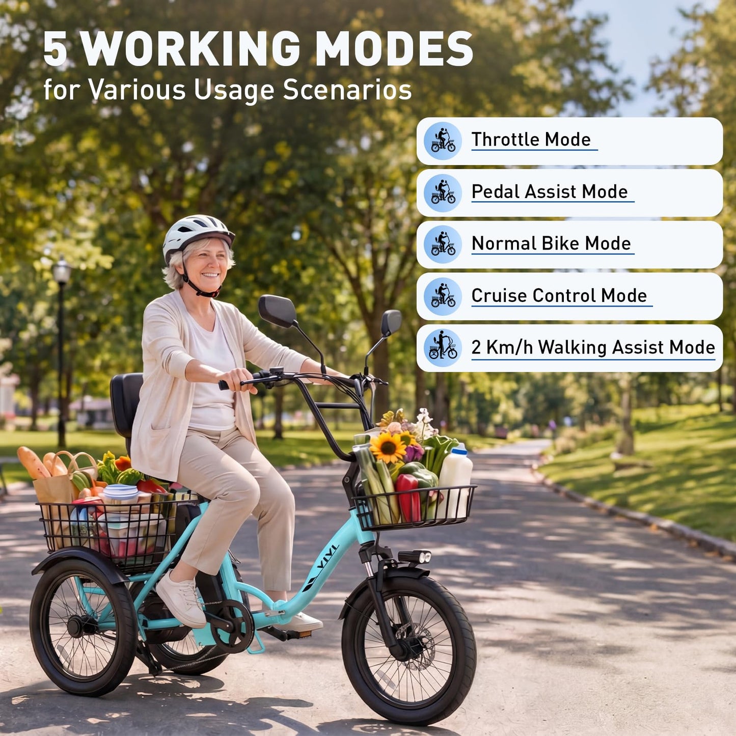 Vivi Electric Tricycle for Adults, Folding Fat Tire 3 Wheel E-Trike, 350W Motor, UL2849 48V 10.4Ah Removable Battery, Step-Thru Frame with Parking Brake, Differential and Front & Rear Baskets