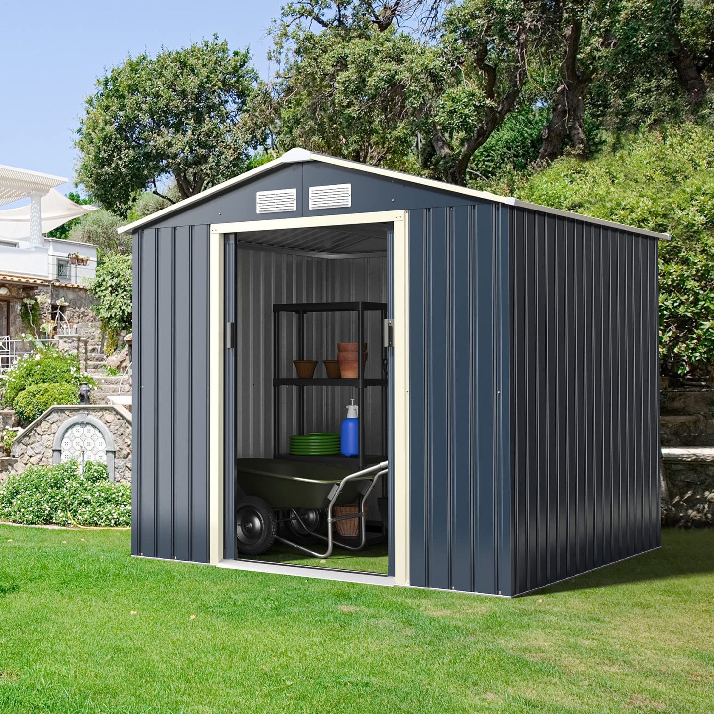 Goplus Storage Shed, Metal 7' X 6' Outdoor Building Organizer with 4 Vents & Double Sliding Door for Garden Backyard Farm (7'X6')