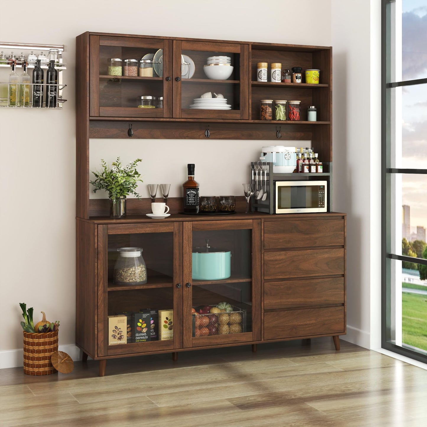 Ball & Cast 63" Large Kitchen Hutch Cabinet with Multi-Layer Shelves and 4 Doors & Drawers,Freestanding Pantry Storage Cupboard with Microwave Shelf,for Kitchen,Apartment,Livingroom,Walnut