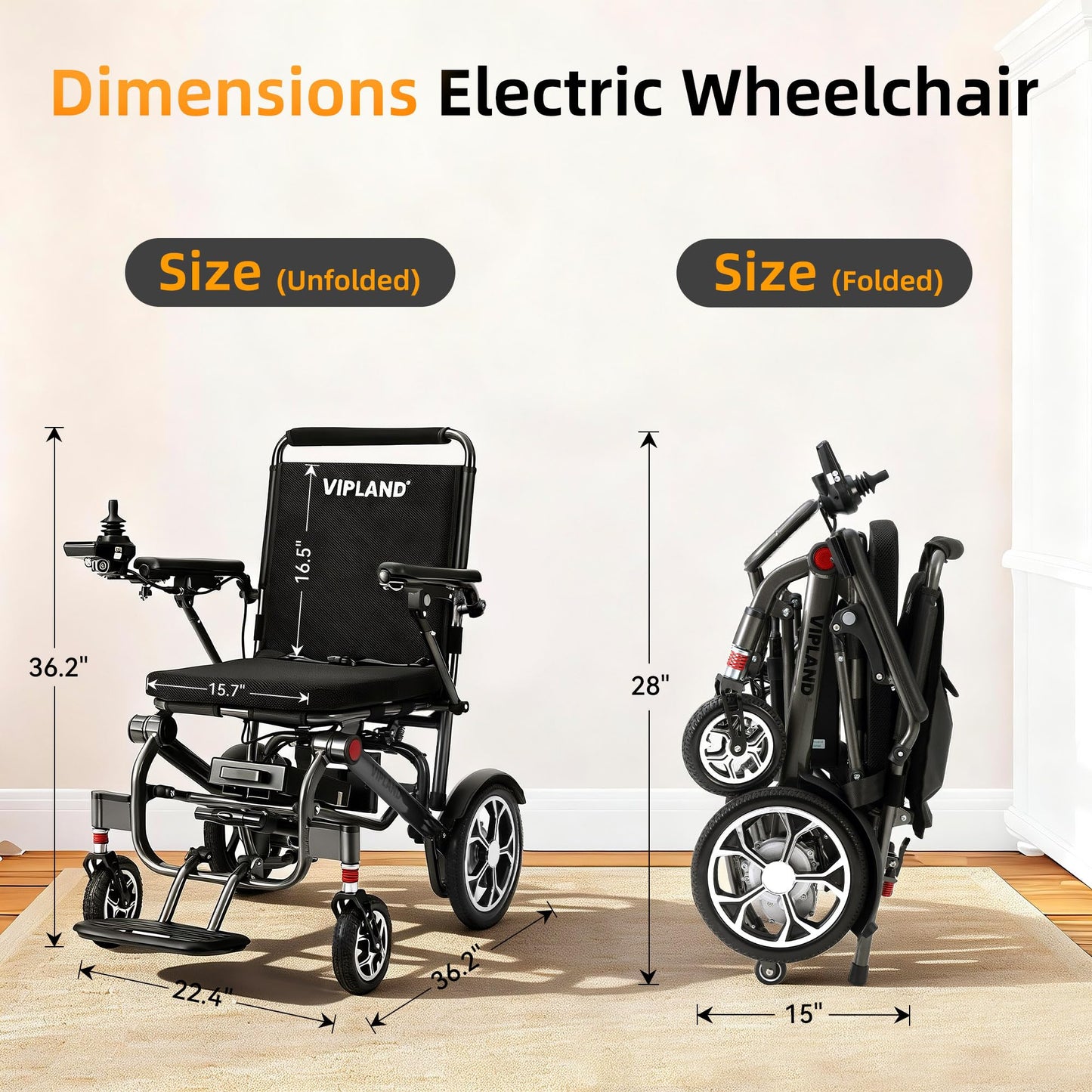 VIPLAND Electric Wheelchair for Adults, Lightweight Foldable Power Wheelchair, 15 Miles Long Travel Range, Dual Motors 400W, 300lbs Capacity, Removable Battery, All Terrain, Airline Approved 36lb