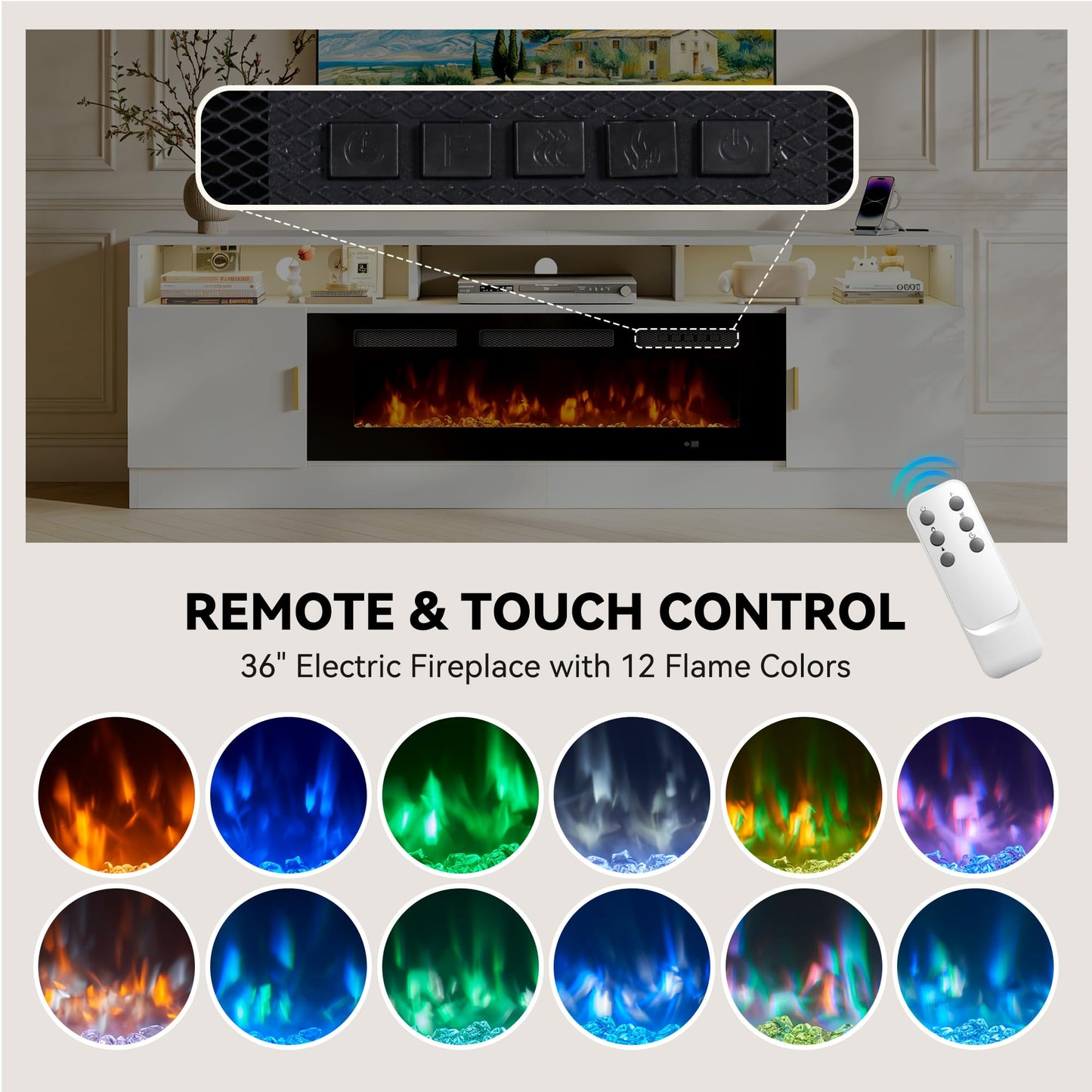 OneBlis 70" Fireplace TV Stand with Power Outlet, Electric Fireplace Entertainment Center with Storage Cabinets, Fits TVs up to 80", TV Console with LED Lights for Living Room, Office, White-Black
