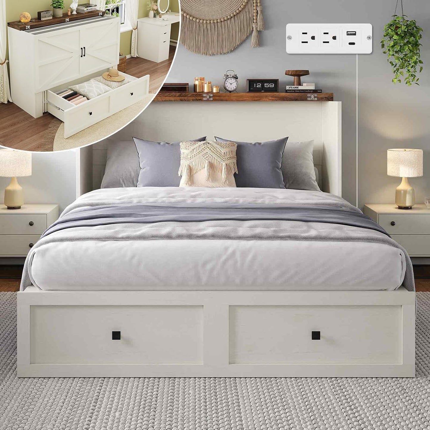 Garvee Farmhouse Queen Murphy Bed with Charging Station & Easy Fold-Down - 900lbs Capacity Heavy Duty Murphy Bed Cabinet with Storage for Living Room, Bedroom, Office