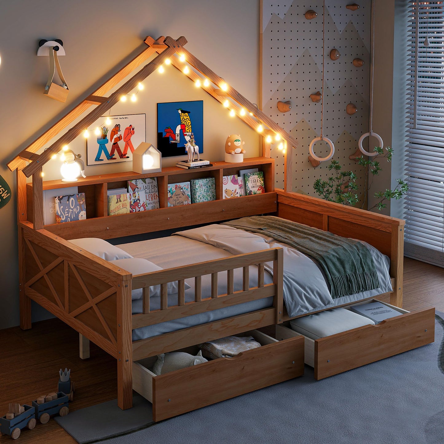 Merax Full Size House Platform Bed with LED Lights, Storage Shelves & Drawers - Bed with Guardrail, Sturdy Pine Wood & MDF Frame, Natural
