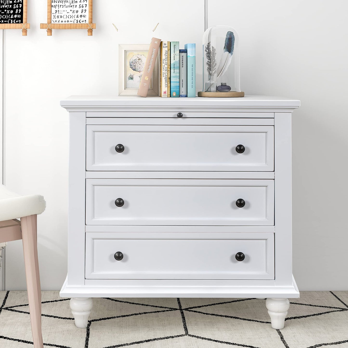 Merax Wood Nightstand with 3 Storage Drawers, Bedside End Table with Pull Out Tray, White (No Guide Rails)