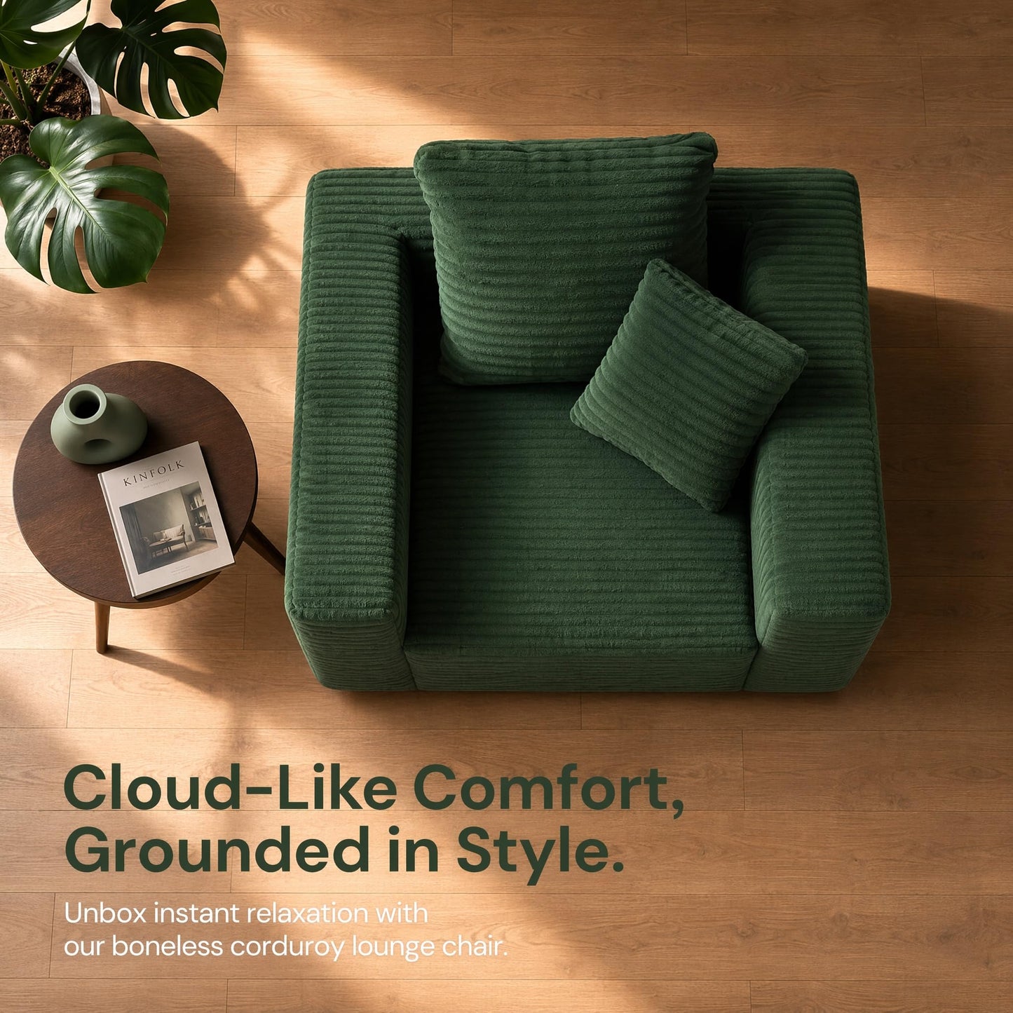 Trygoal Boneless Single Sofa Chair for Adult, Corduroy Cloud Lounge Chair with 2 Pillows & Wide Armrests, High-Density Foam Reading Couches for Living Room & Office, No Assembly Required, Green