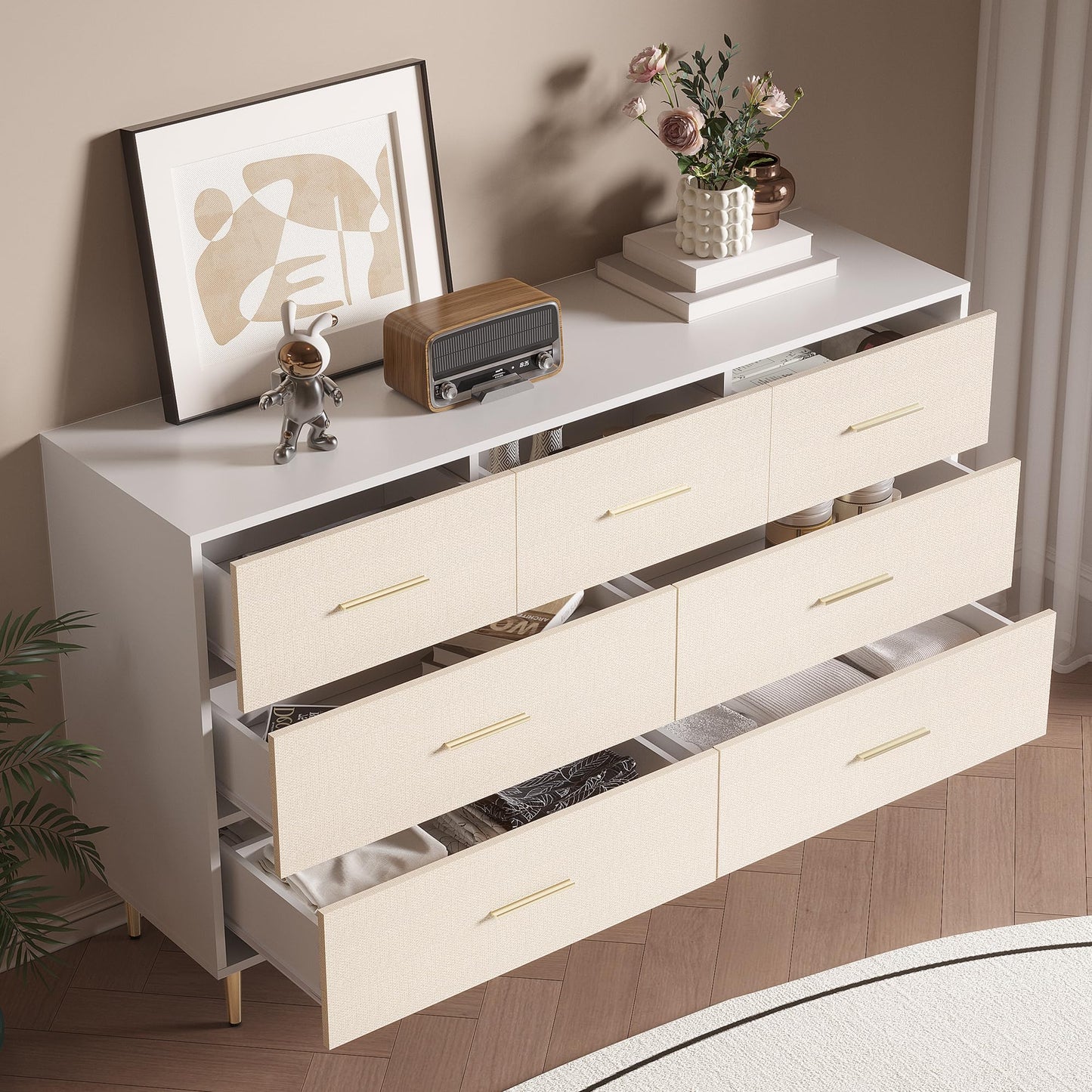 Garvee White Dresser, Modern 7 Drawer Dresser for Bedroom with Gold Handle and Legs, Wooden Nightstand with Linen-Textured Surface, Narrow Accent Cabinet End Table for Living Room, Hallway, Entryway