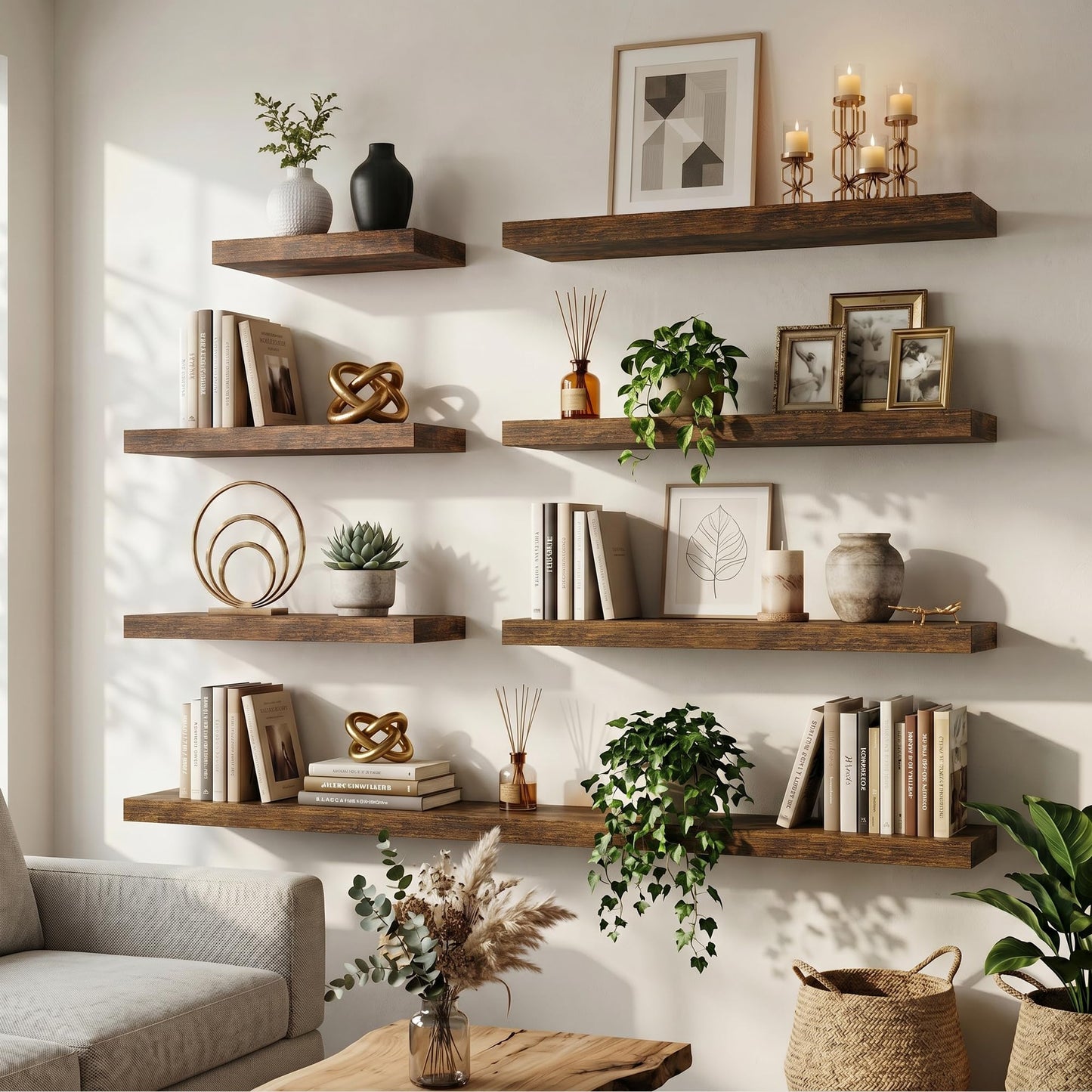 FLYJOE Floating Shelves for Wall, 72 Inch Floating Shelves Set of 2, 8" D Wooden Wall Mounted Display Shelves with Invisible Brackets for Living Room, Bedroom, Bathroom, Kitchen Decor, Brown