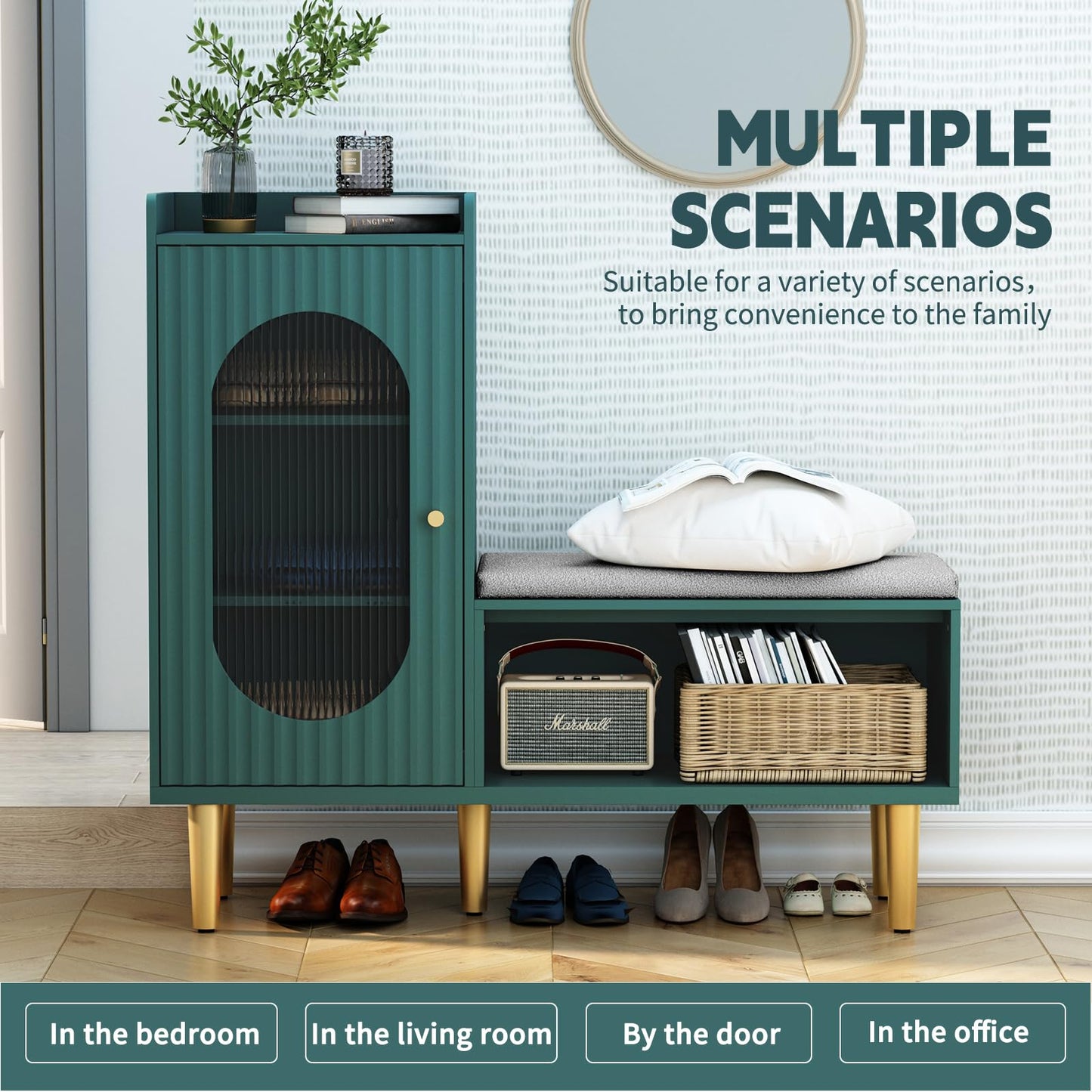 HLR Storage Bench Set of 2, Green Modern Entryway Shoe Cabinet Bench with Glass Door&Shelf, L-Shaped Storage Cabinet with Padded Seat for Hallway, Bedroom, Living Room, Office