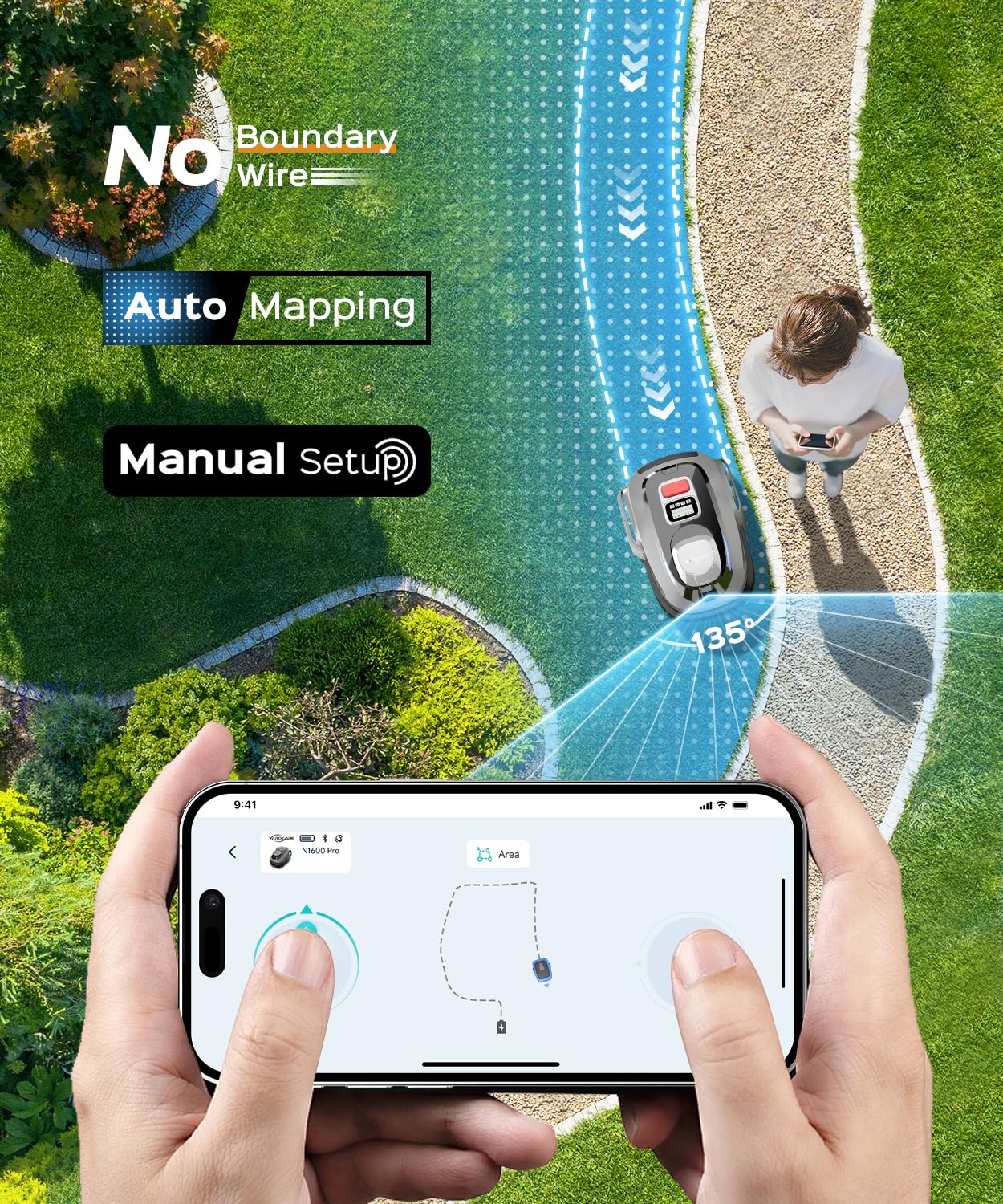 YARDCARE N1600 PRO Wireless Robotic Lawn Mower, RTK & Vision Navigation, Up to 0.4 Acre Coverage, Smart App Control, Multi-Zone Mapping, Systematic Mowing Robot