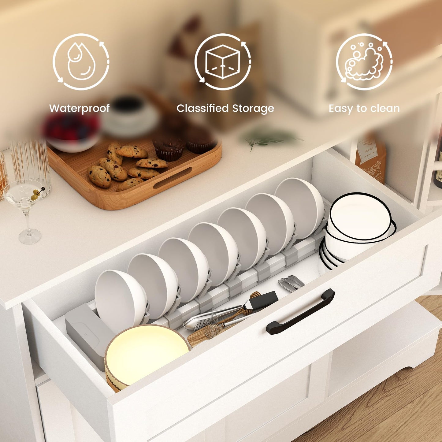 WAYTRIM Kitchen Hutch Cabinet with Storage, White Pantry Cabinet with 4 Doors and Shelves, Pantry Cabinet with Microwave Shelf & Drawers & Adjustable Shelves for Kitchen Dining Room Furniture