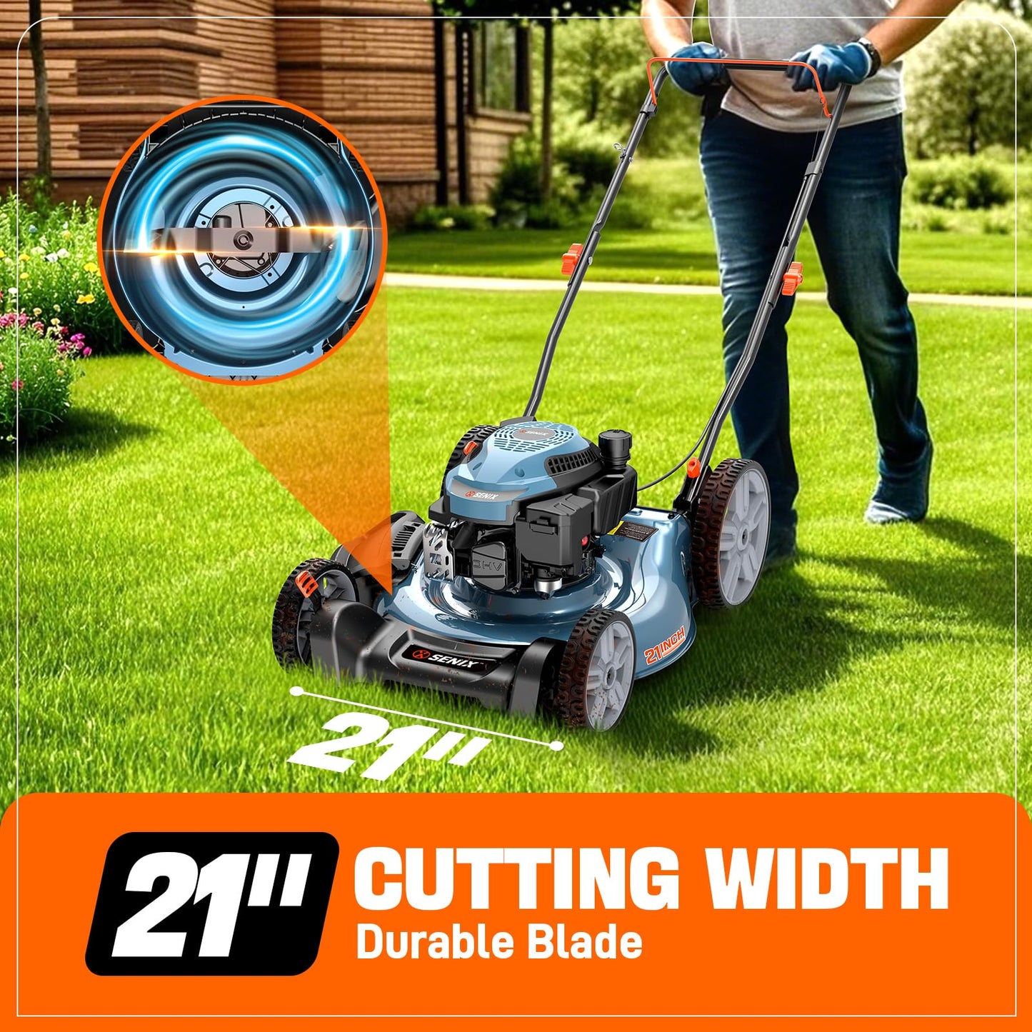 SENIX 144 cc Gas Lawn Mower, 21 inch 2-in-1 Push with Mulching and Side Discharge, 4-Cycle Engine, 6 Position Cutting Height Adjustment for Yard and Garden (LSPG-L6)