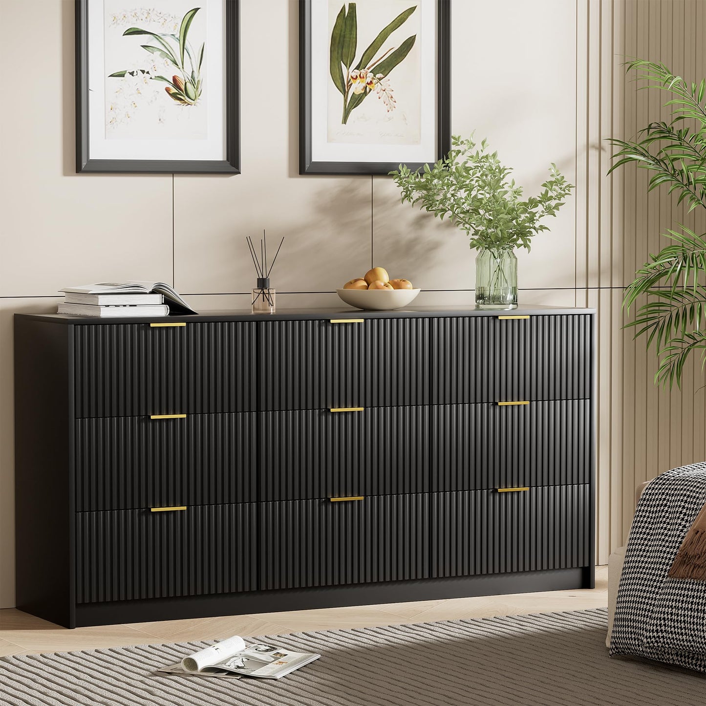Furniway Black Dresser for Bedroom, Modern Dresser with 9 Drawers and Smooth Slides, Wide Chest of Drawers with Golden Handles for Bedroom, Living Room, Closet, 15.7" D x 63" W x 31.5" H