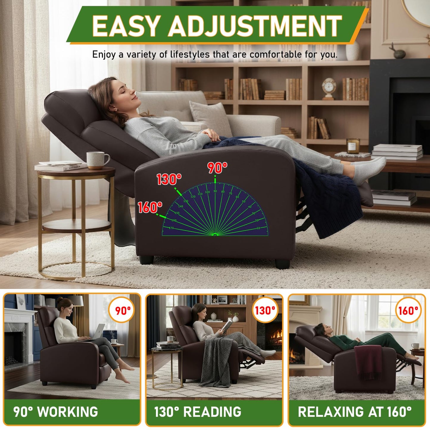 PayLessHere Recliner Chair Single Reclining Sofa Home Theater Seating with Lumbar Support and Padded Backrest for Living Room and Bedroom (Leather, Brown-Massage)