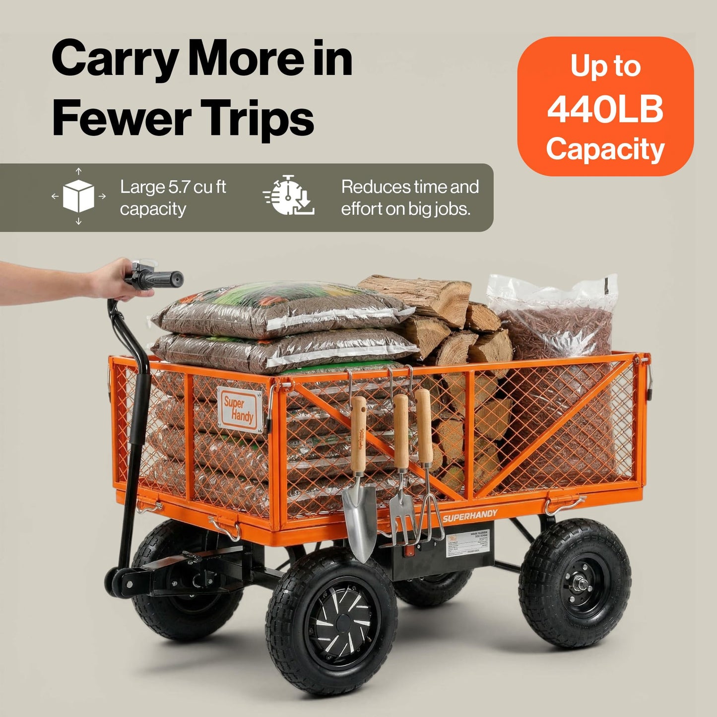 SuperHandy Electric-Assist Garden Cart - 5.7 Cubic Ft Utility Wagon, 440lbs Load, All-Terrain 10in Wheels, Anti-Rust Steel Frame, Convertible Flatbed Design