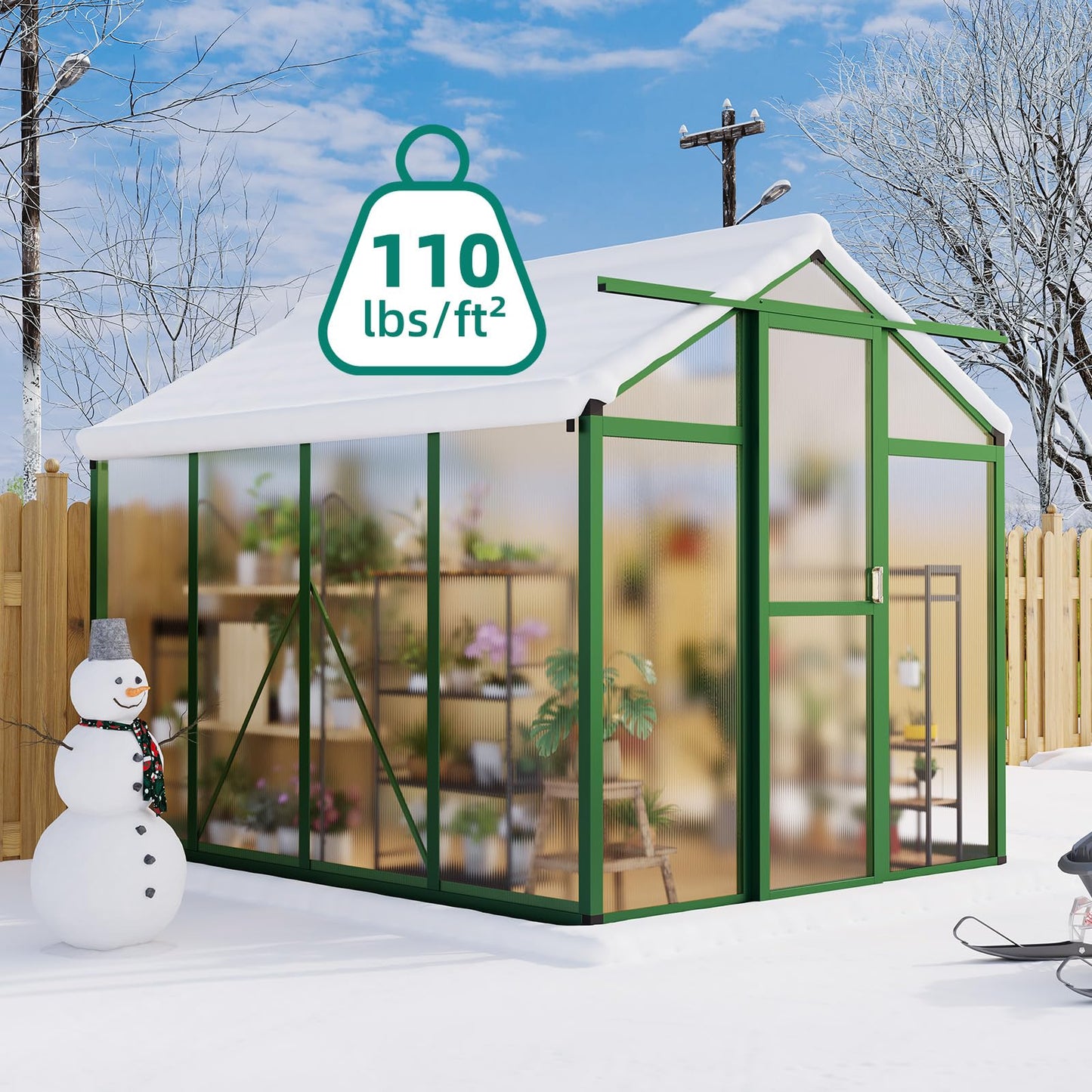GAOMON 6 x 8 ft Greenhouse for Outdoor with Sliding Door, Green House with Polycarbonate Panel & Ajustable Roof Vent & Ground Nails, Walk-in Aluminum Greenhouses for Garden, Patio